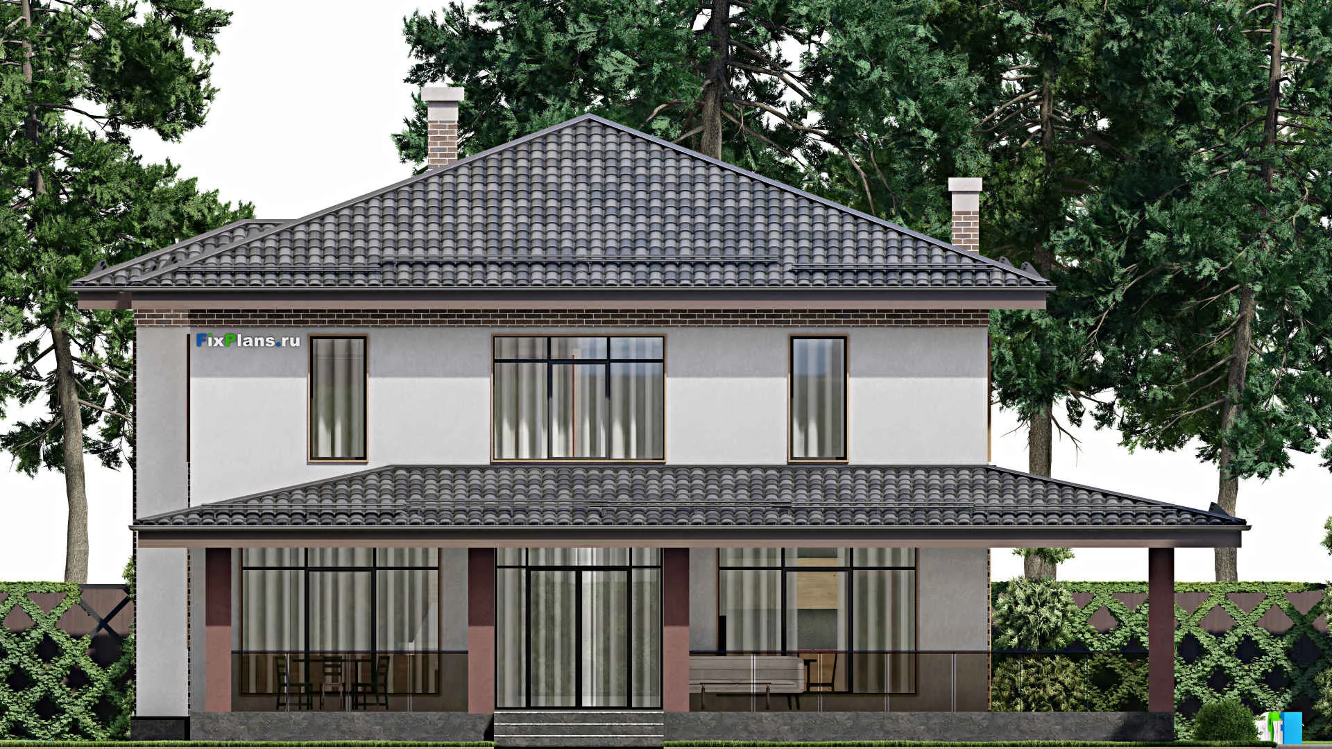 F-7352 - Проект двухэтажного дома 16 на 16, площадью 290 м² с террасой и 3 спальнями