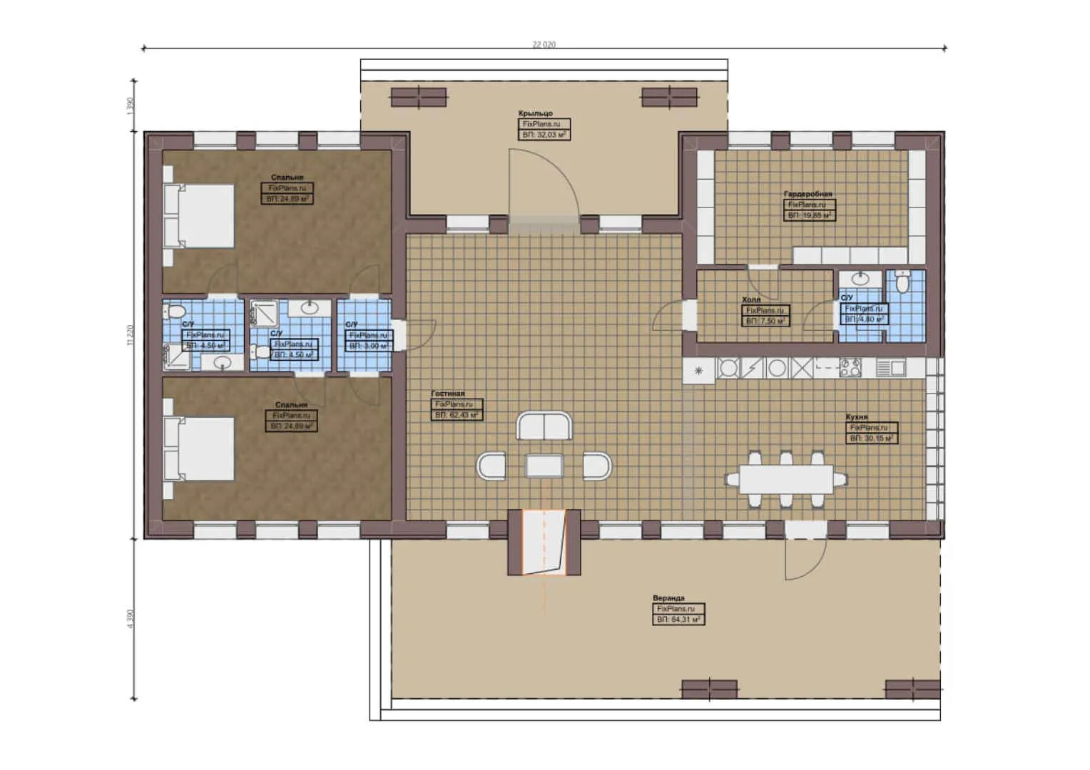F-0404 - План одноэтажного дома 12 на 23, площадью 290 м² с террасой и 2 спальнями