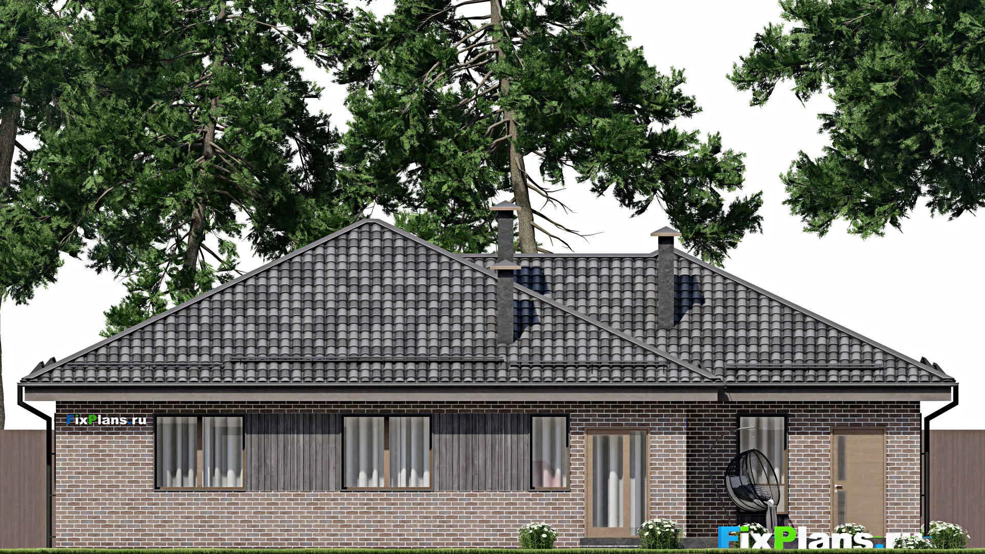 F-6974 - План одноэтажного дома 17 на 17, площадью 200 м² с террасой, гаражом на 1 машину и 4 спальнями