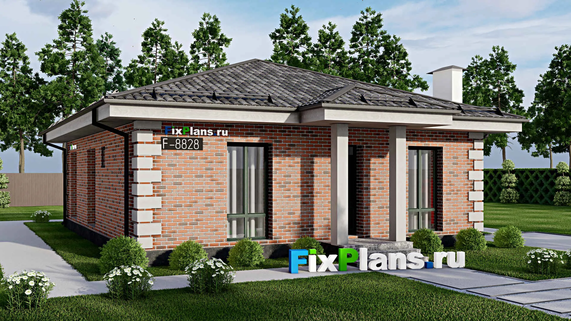 F-8828 - Проект одноэтажного дома 13 на 14, площадью 120 м² с террасой и 3 спальнями