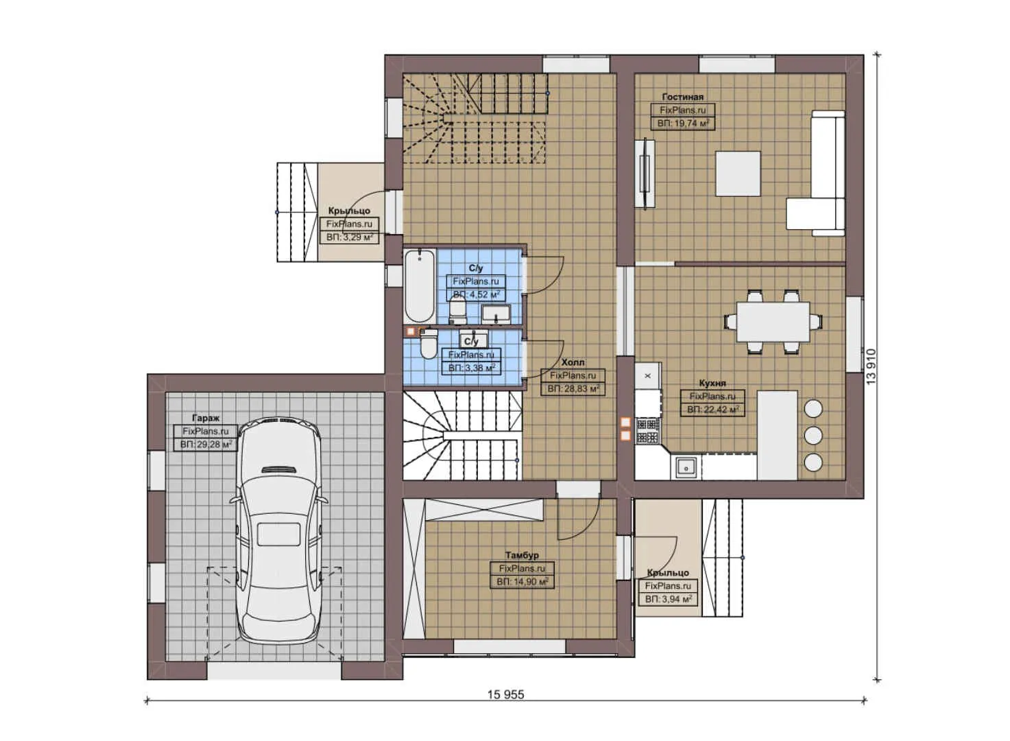 F-7568 - Планы двухэтажного дома 14 на 16, площадью 230 м² с балконом, гаражом на 1 машину и 3 спальнями