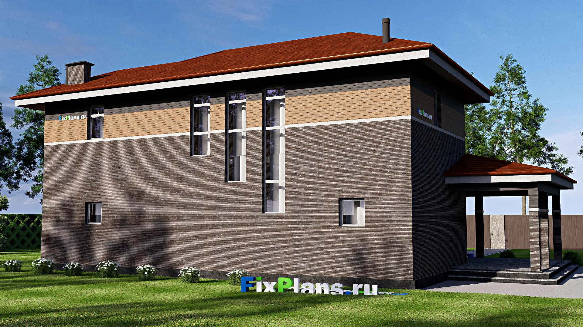 F-18809 - Планы двухэтажного дома 12 на 20, площадью 250 м² с террасой и 2 спальнями