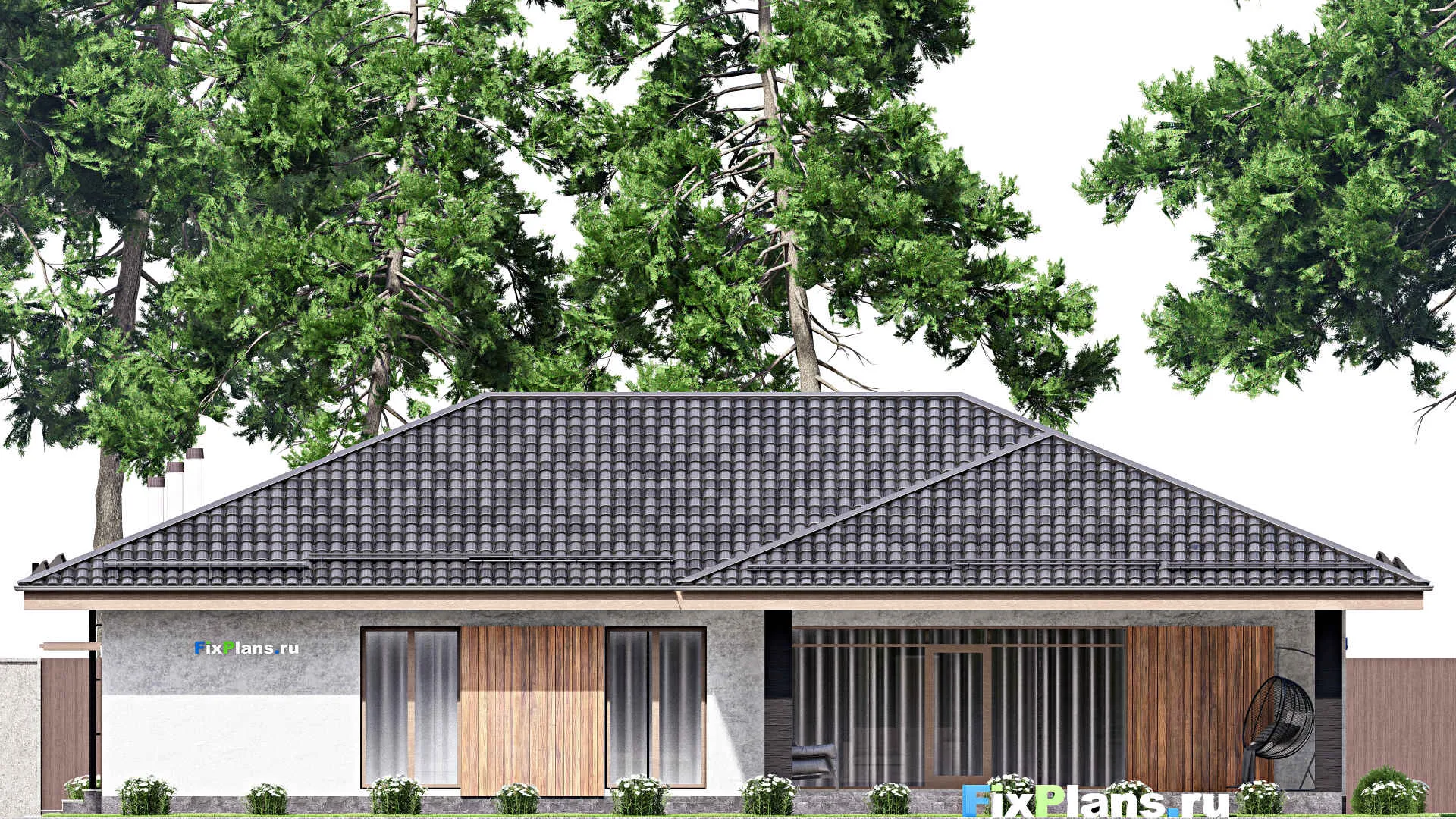 F-12833 - Проект одноэтажного дома 17 на 19, площадью 210 м² с террасой и 4 спальнями