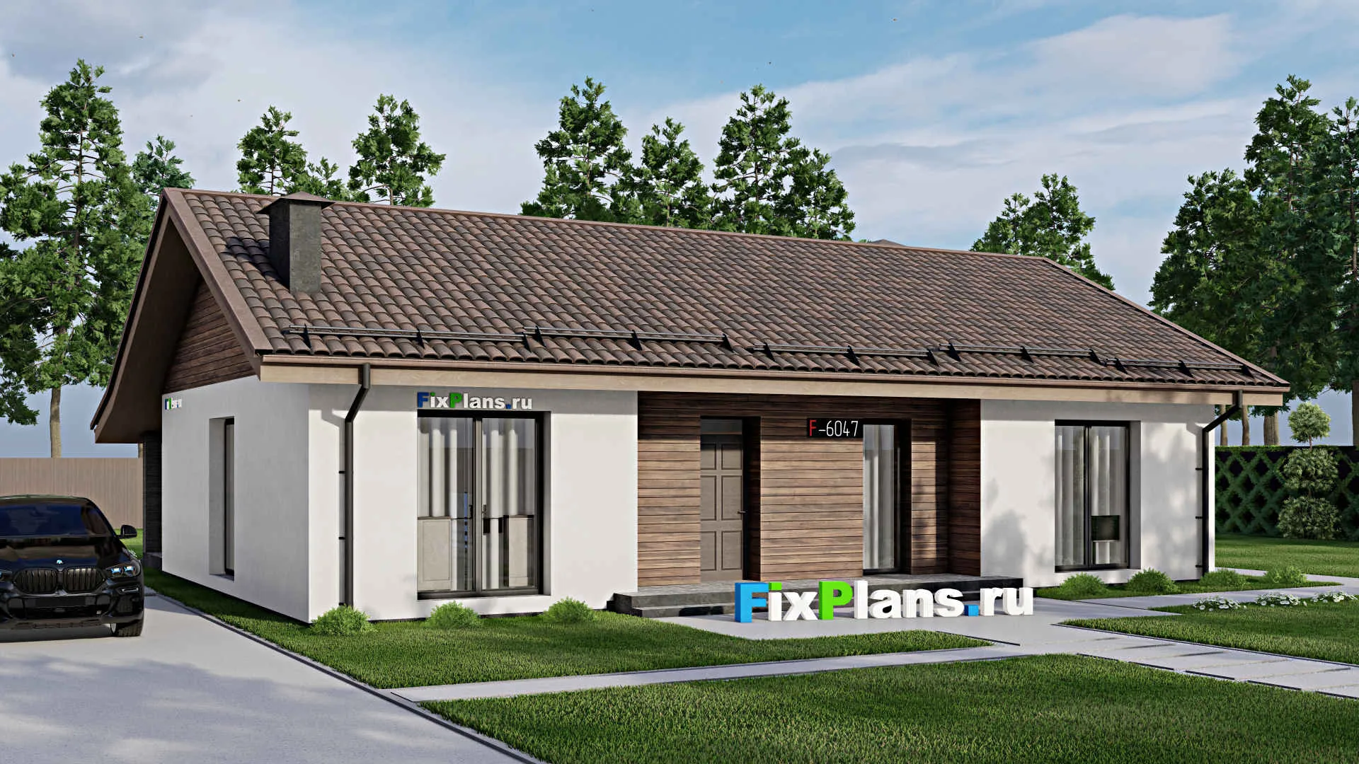 F-6047 - Проект одноэтажного дома 11 на 16, площадью 160 м² с террасой и 3 спальнями