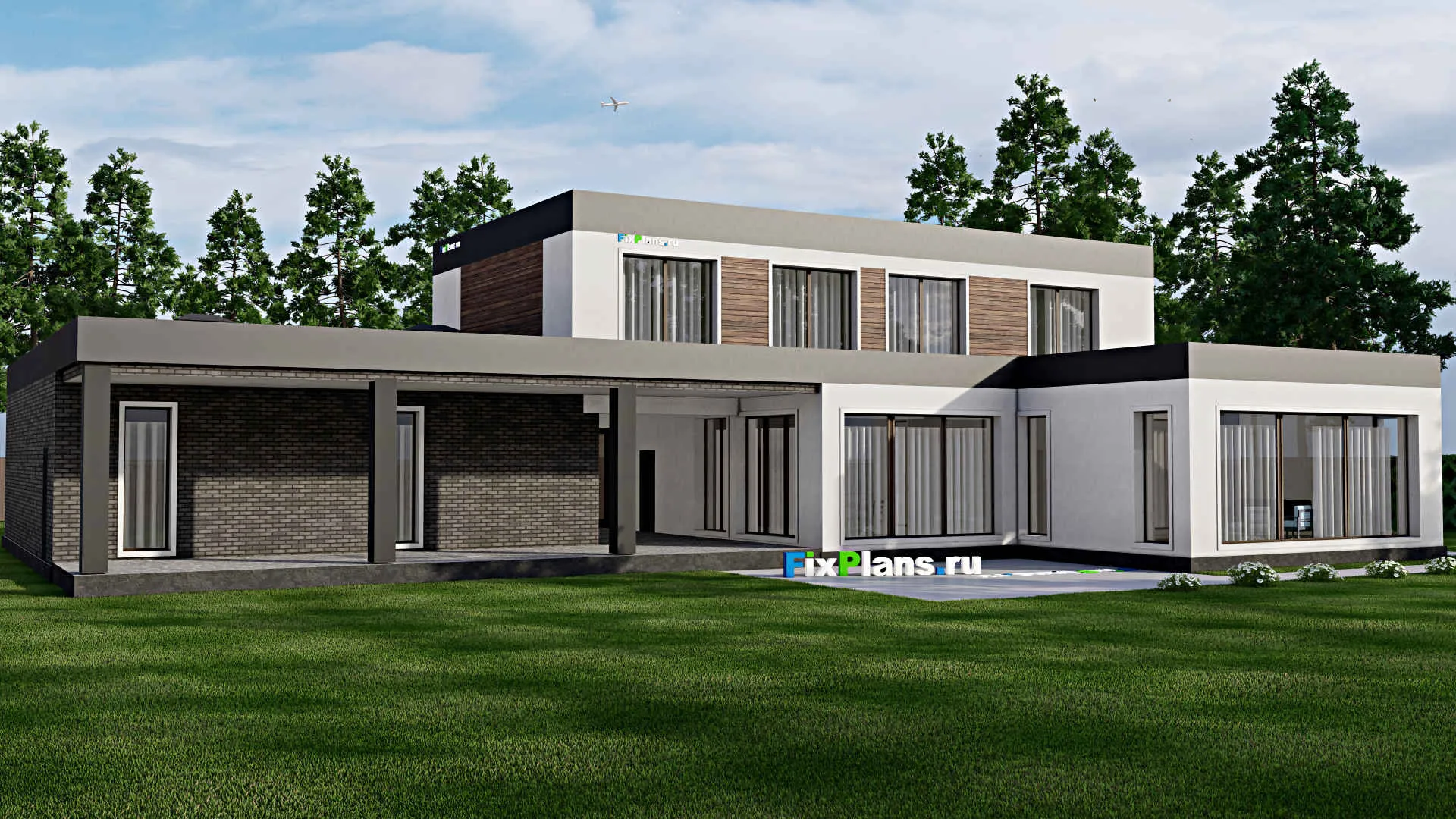 F-9296 - Планы двухэтажного дома 22 на 29, площадью 510 м² с террасой, баней, гаражом на 2 машины и 5 спальнями