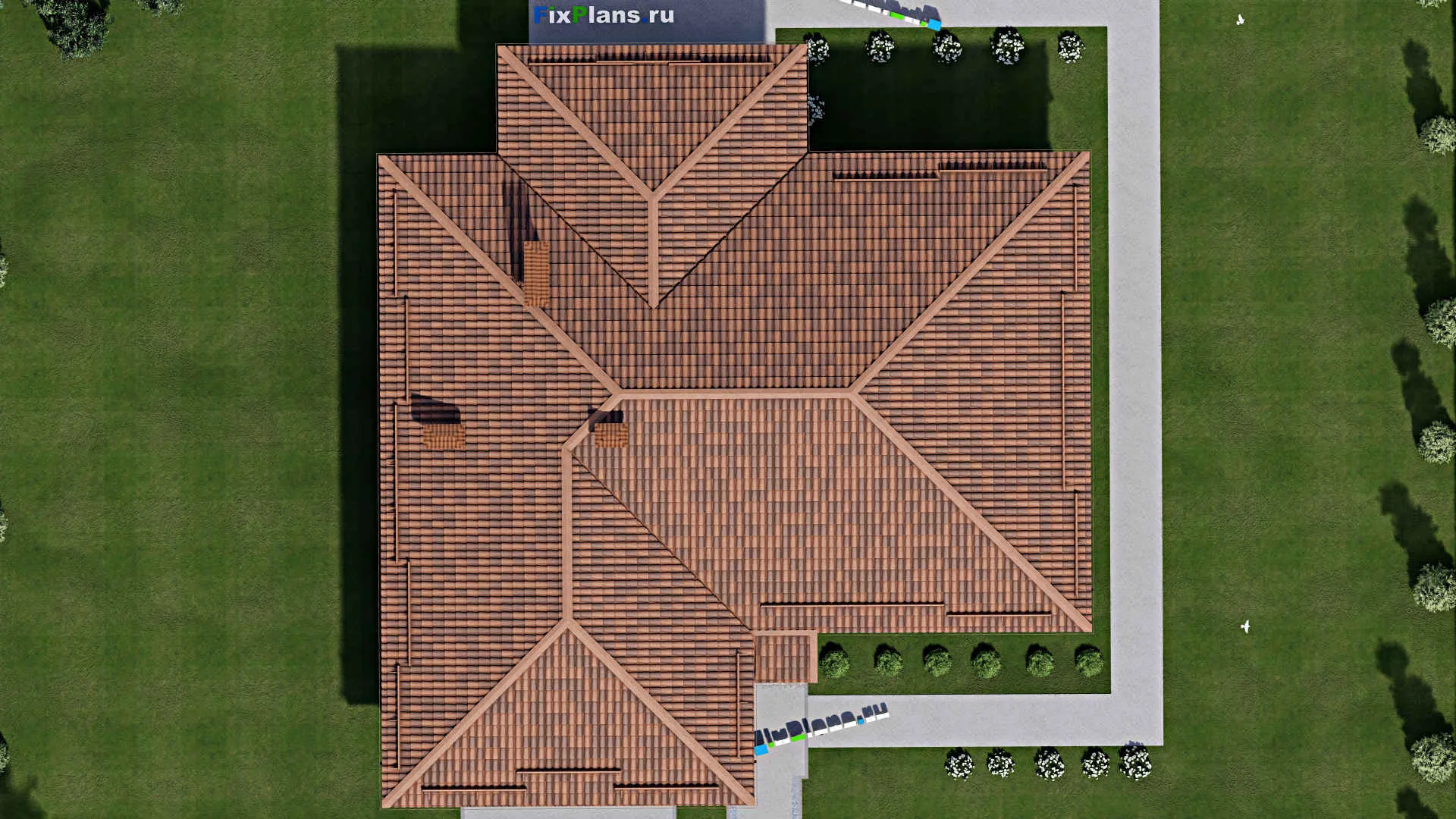 F-9863 - План одноэтажного дома 19 на 21, площадью 270 м² с террасой, цокольным этажом, баней, гаражом на 2 машины и 3 спальнями