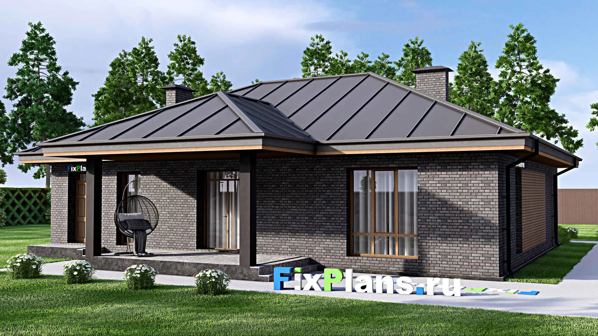 F-14579 - Проект одноэтажного дома 16 на 16, площадью 160 м² с террасой и 3 спальнями