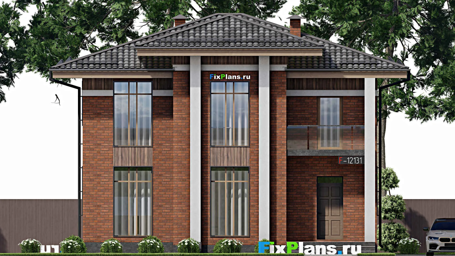 F-12131 - Проект двухэтажного дома 12 на 12, площадью 180 м² с балконом и 4 спальнями