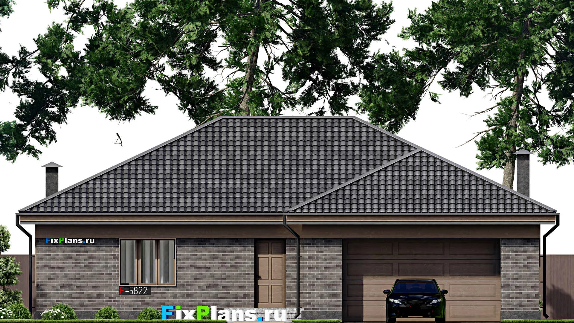 F-5822 - План одноэтажного дома 16 на 18, площадью 190 м² с гаражом на 2 машины и 3 спальнями