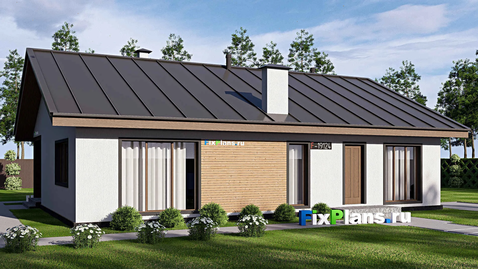 F-19124 - Проект одноэтажного дома 13 на 16, площадью 150 м² с террасой и 3 спальнями