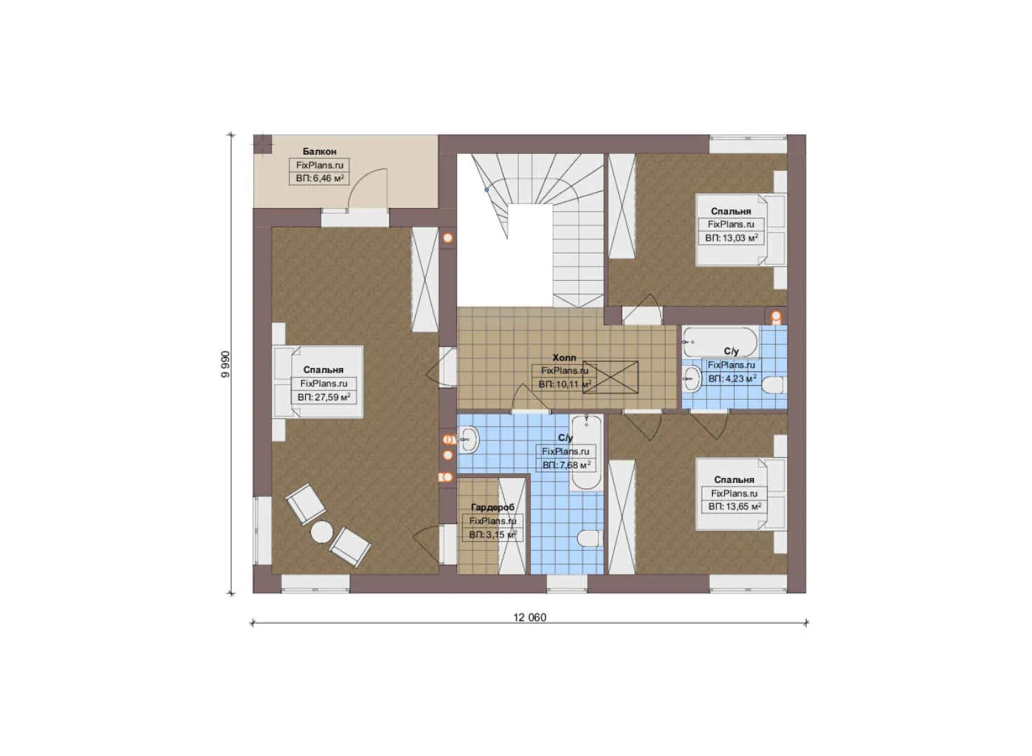F-17675 - Планы двухэтажного дома 13 на 14, площадью 200 м² с террасой, балконом и 4 спальнями