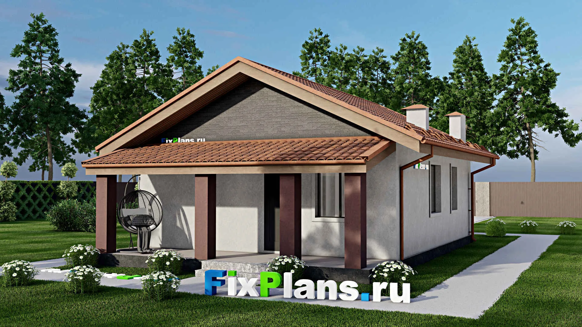 F-11357 - Проект одноэтажного дома 8 на 15, площадью 80 м² с террасой и 3 спальнями