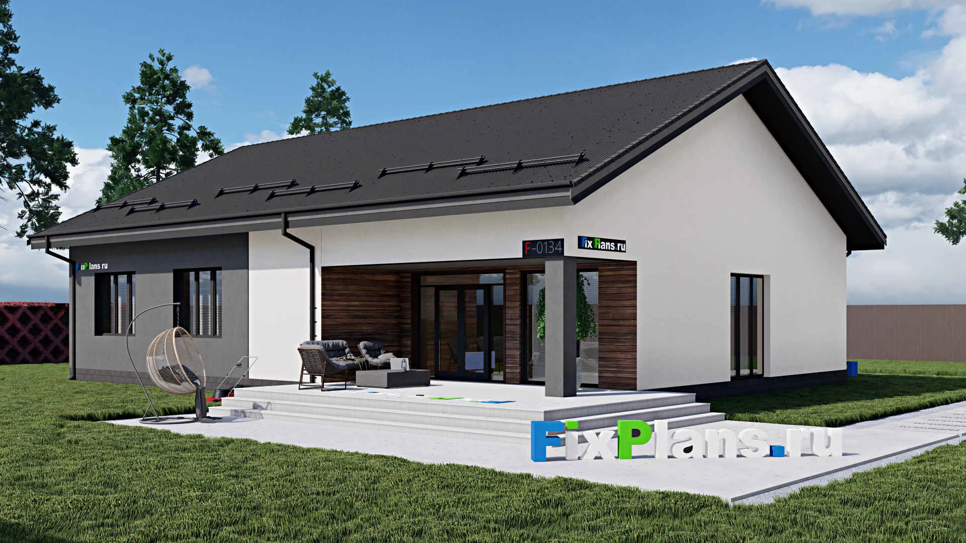 F-0134 - План одноэтажного дома 13 на 17, площадью 200 м² с террасой и 4 спальнями
