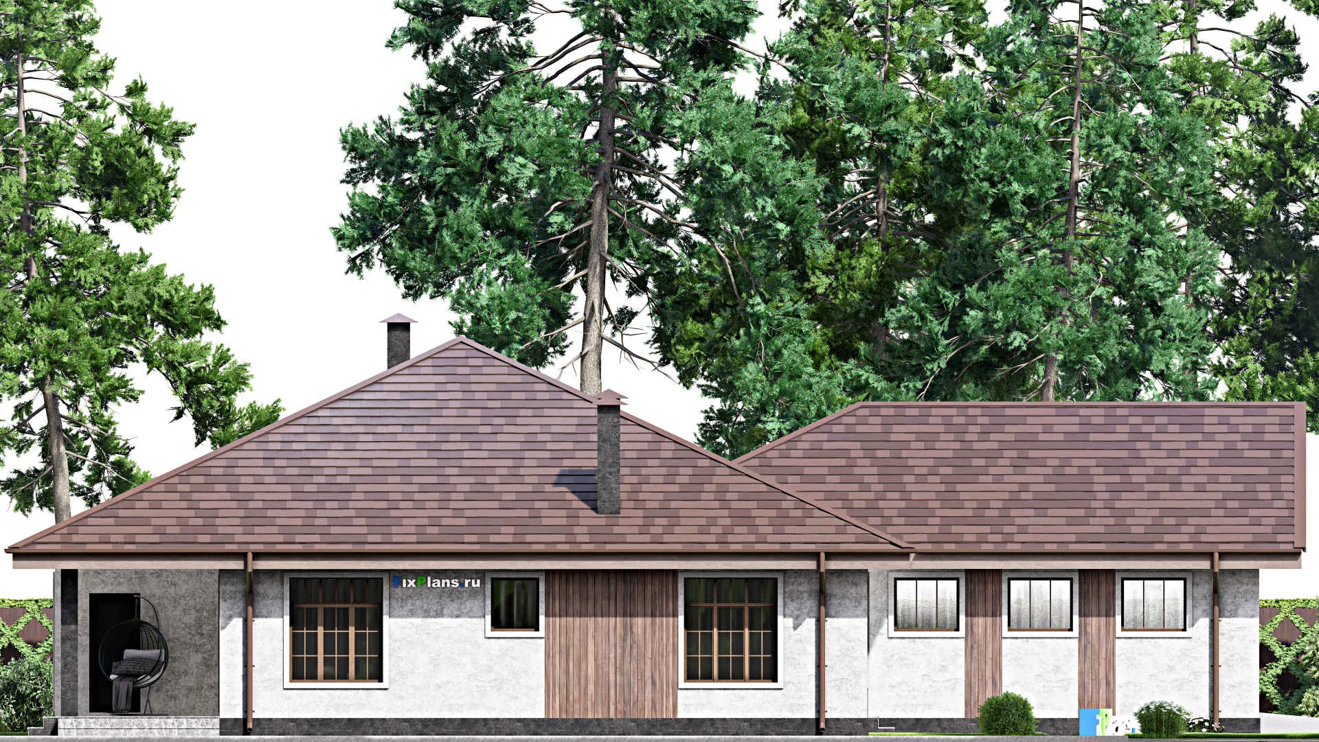 F-13319 - Проект одноэтажного дома 21 на 22, площадью 260 м² с террасой, гаражом на 2 машины и 3 спальнями