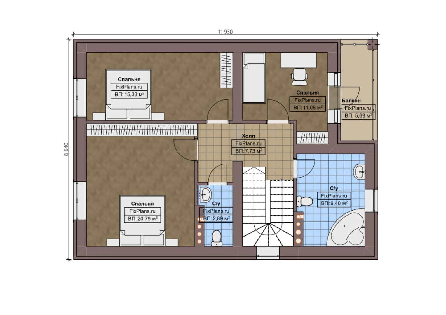 F-0854 - Планы двухэтажного дома 9 на 12, площадью 160 м² с балконом и 3 спальнями