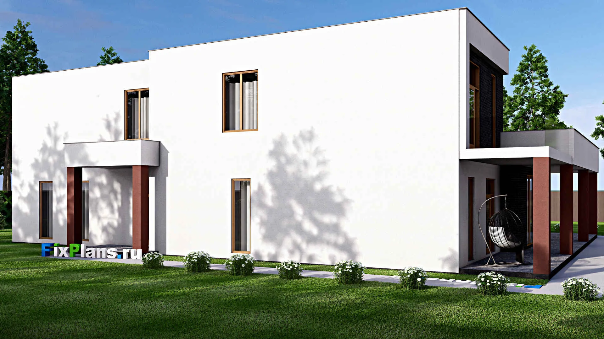 F-16622 - Проект двухэтажного дома 19 на 24, площадью 480 м² с террасой, балконом, гаражом на 2 машины и 3 спальнями