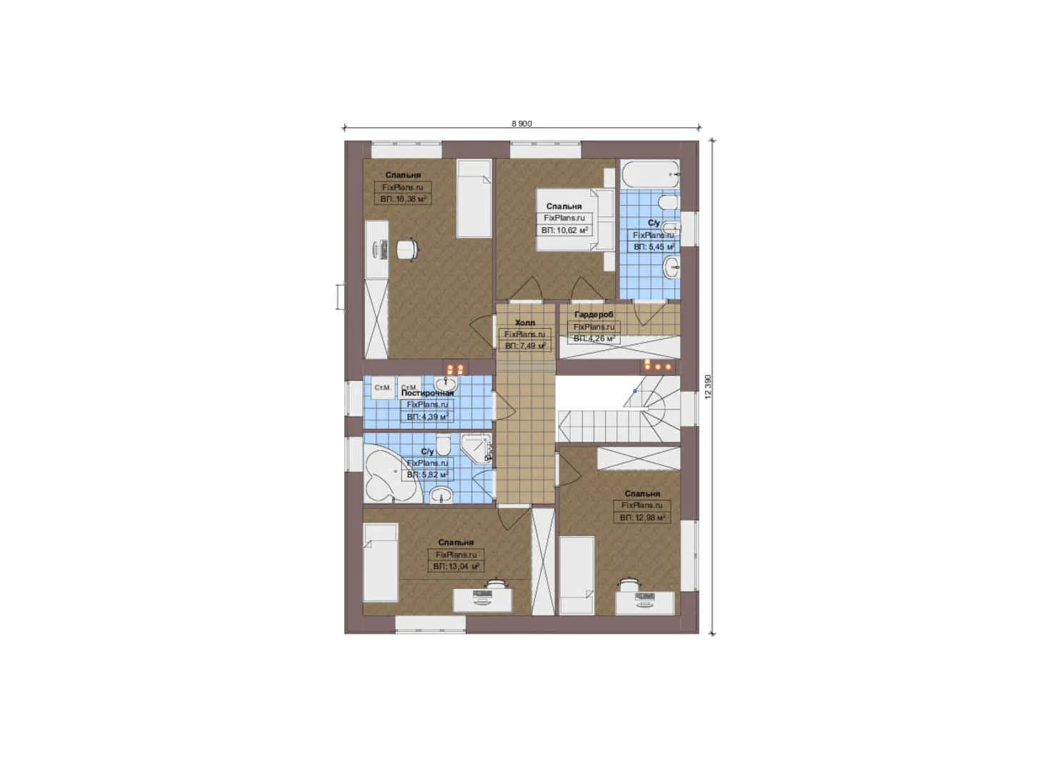 F-13724 - Планы двухэтажного дома 12 на 16, площадью 220 м² с террасой, гаражом на 1 машину и 4 спальнями