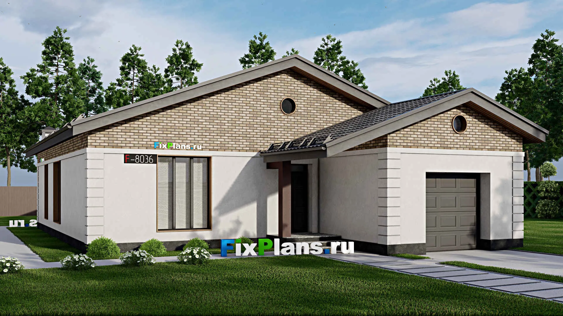 F-8036 - Проект одноэтажного дома 14 на 19, площадью 180 м² с баней, гаражом на 1 машину и 3 спальнями