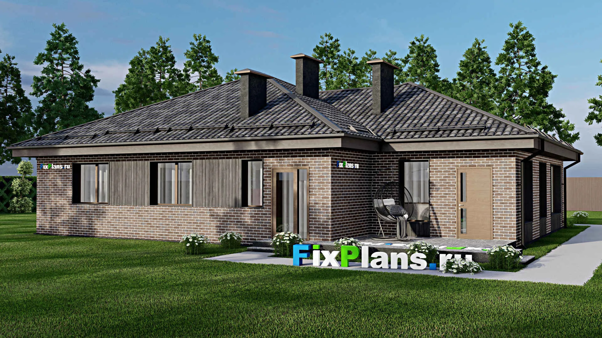 F-6974 - План одноэтажного дома 17 на 17, площадью 200 м² с террасой, гаражом на 1 машину и 4 спальнями