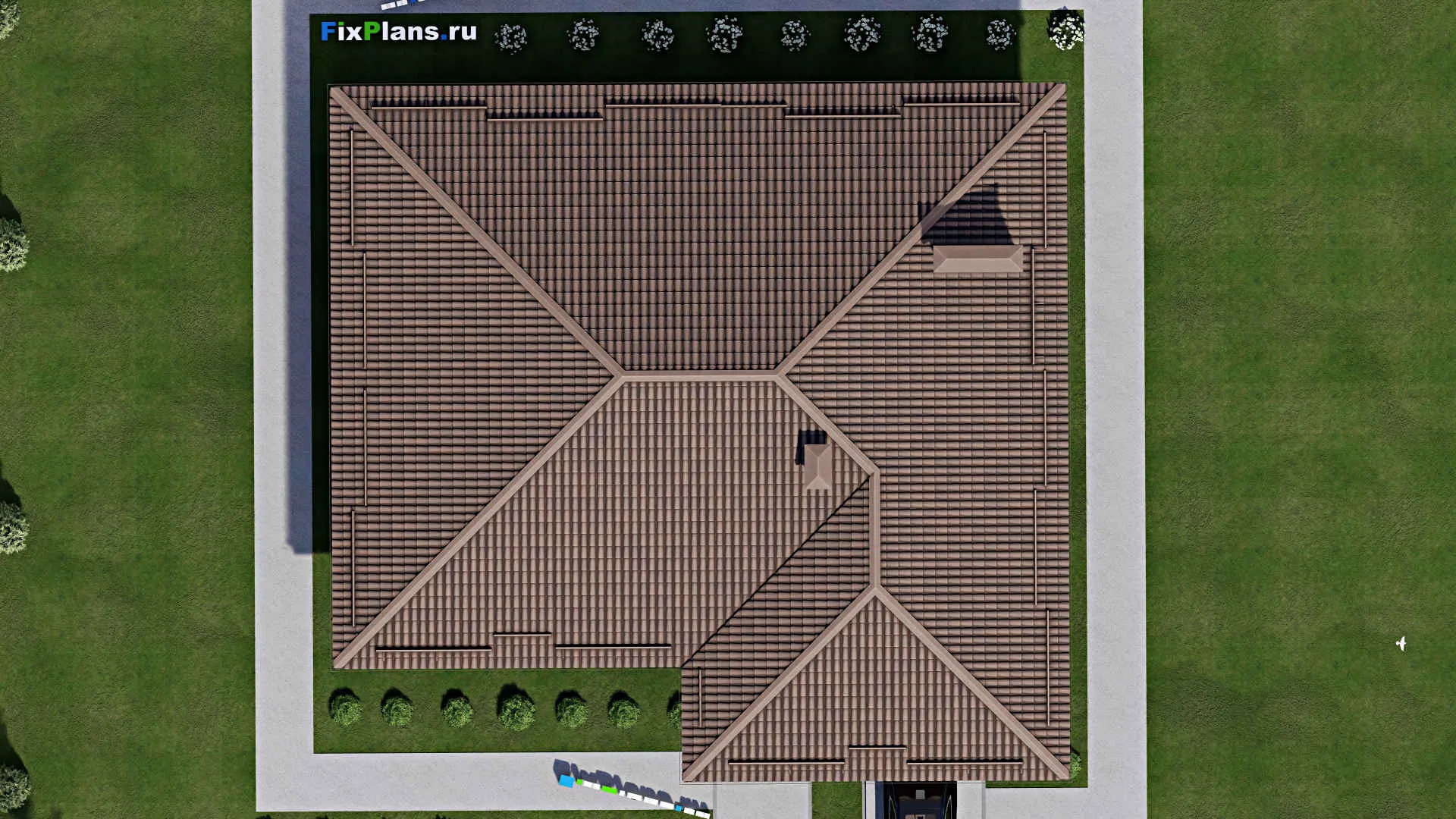 F-7649 - План одноэтажного дома 17 на 18, площадью 220 м² с гаражом на 2 машины и 3 спальнями