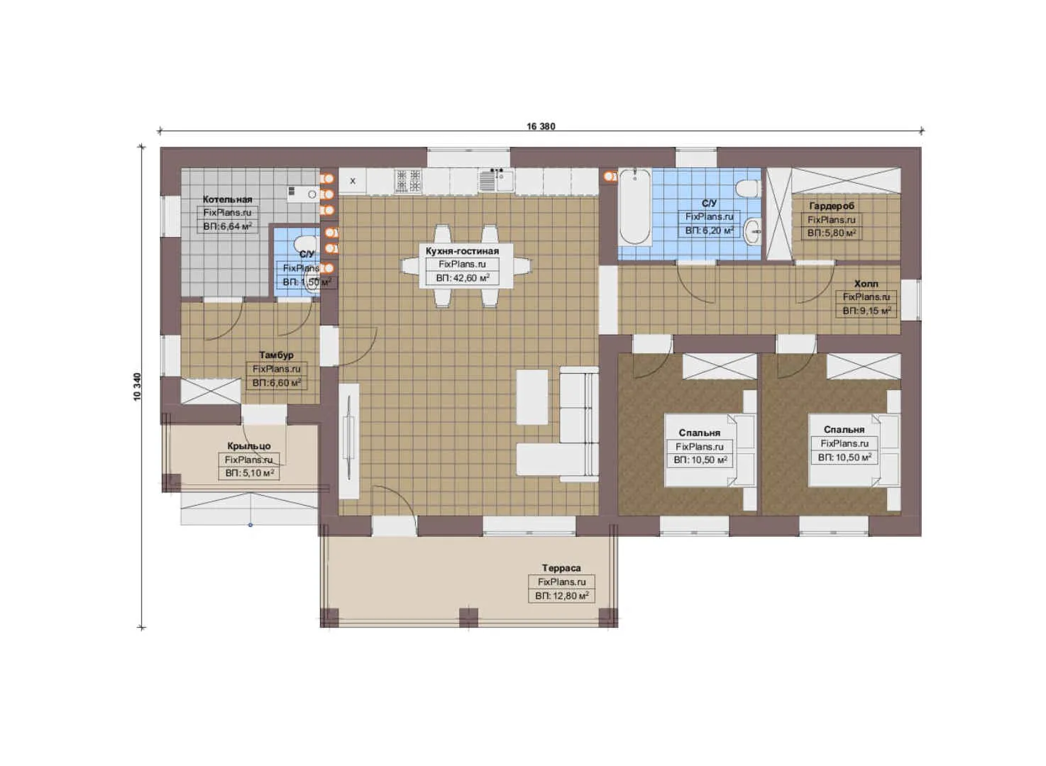 F-18089 - План одноэтажного дома 11 на 17, площадью 120 м² с террасой и 2 спальнями