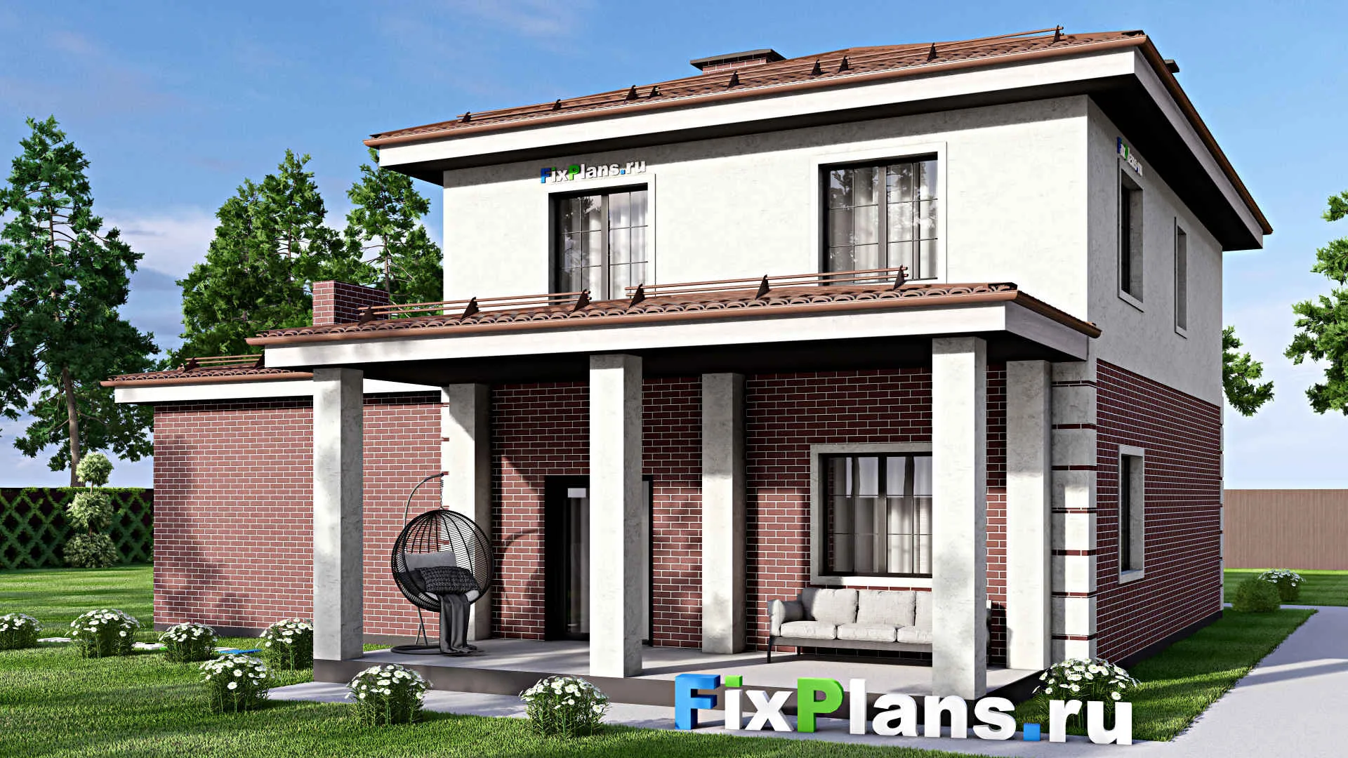 F-13103 - Проект двухэтажного дома 15 на 16, площадью 220 м² с террасой, гаражом на 2 машины и 4 спальнями