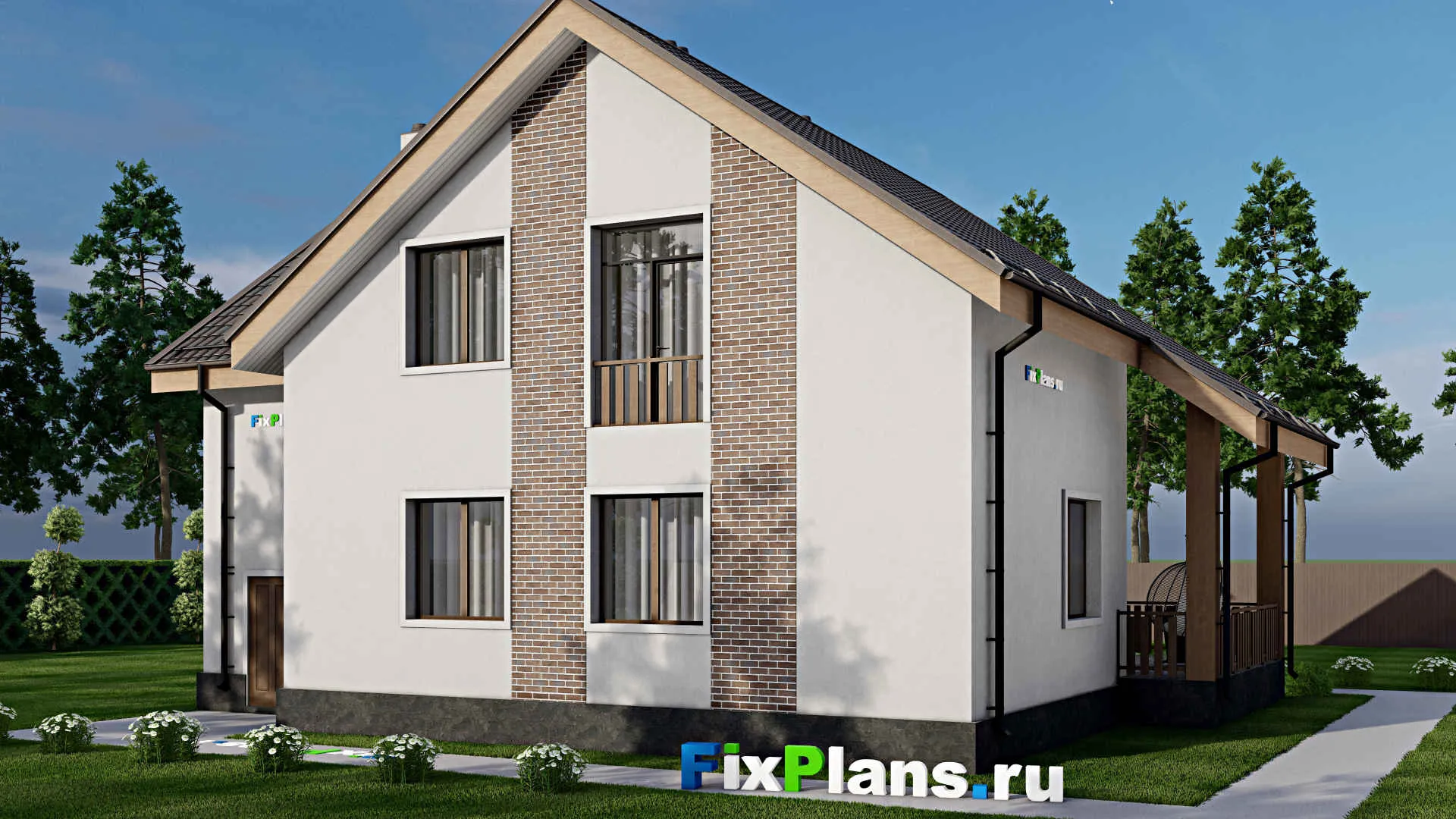 F-8513 - Планы дома с мансардой 13 на 16, площадью 250 м² с террасой, балконом, гаражом на 1 машину и 6 спальнями