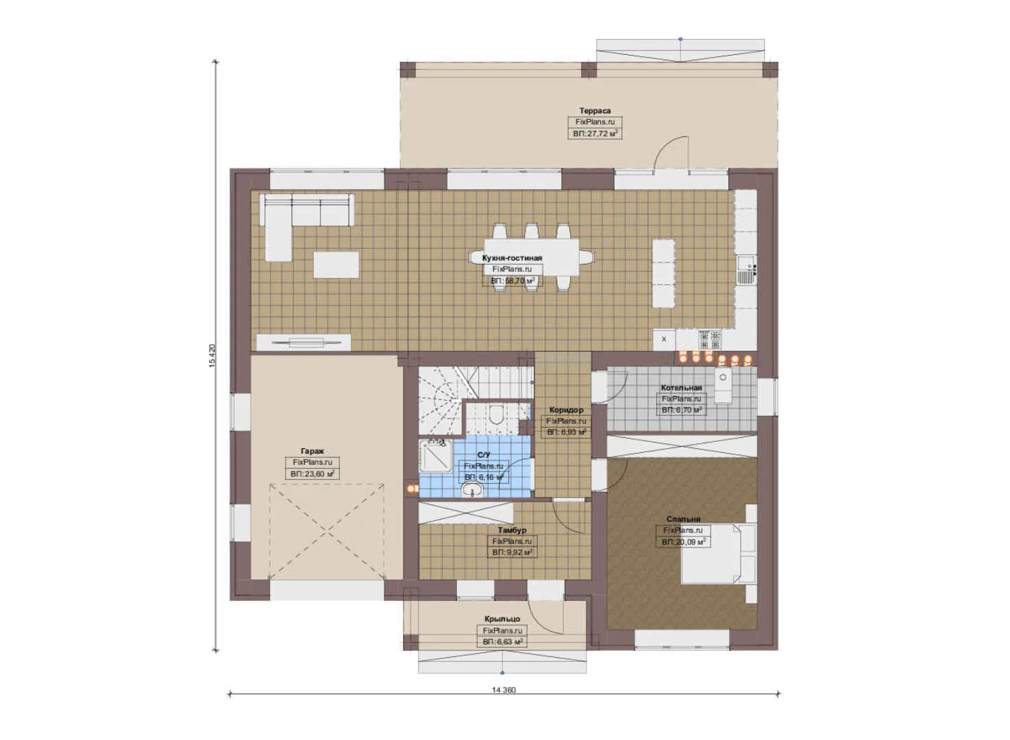 F-19205 - Планы дома с мансардой 15 на 16, площадью 260 м² с террасой, балконом, гаражом на 1 машину и 5 спальнями