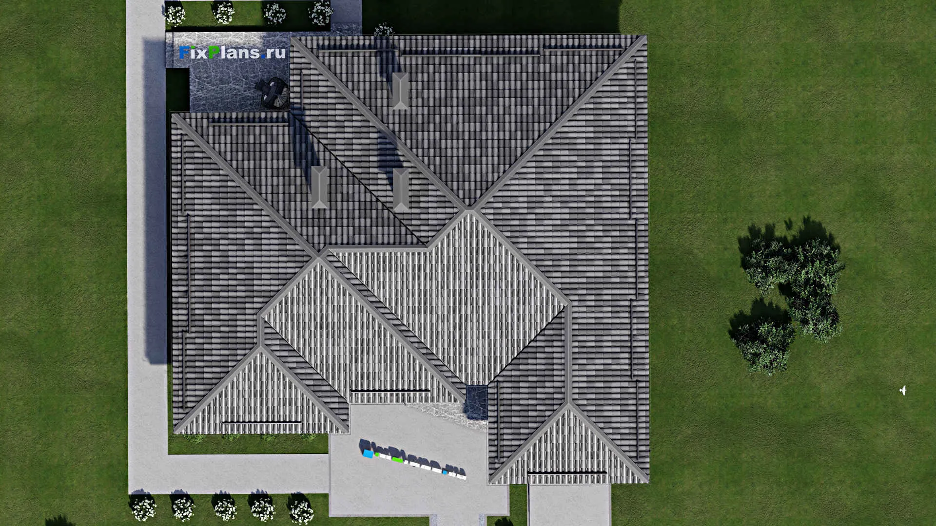 F-6974 - План одноэтажного дома 17 на 17, площадью 200 м² с террасой, гаражом на 1 машину и 4 спальнями