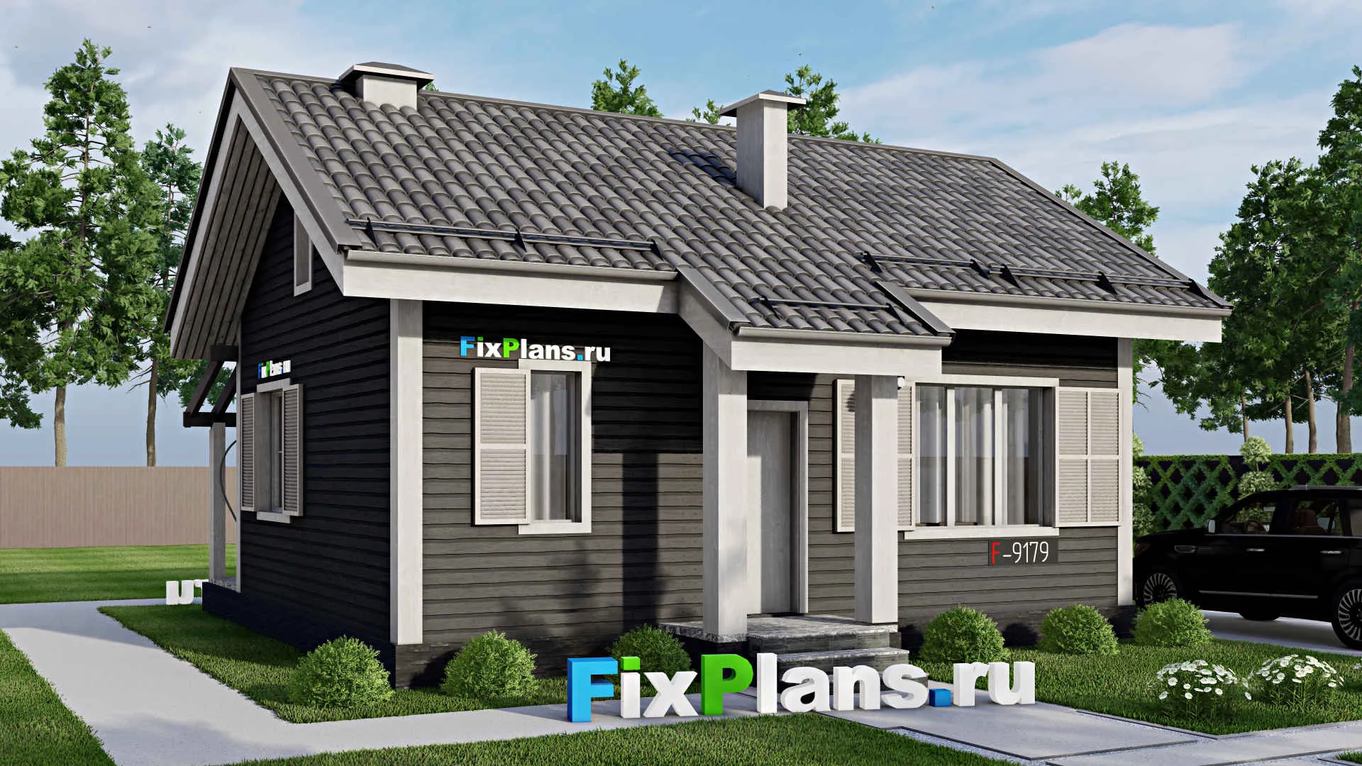 F-9179 - Проект одноэтажного дома 9 на 11, площадью 70 м² с террасой и 1 спальнями