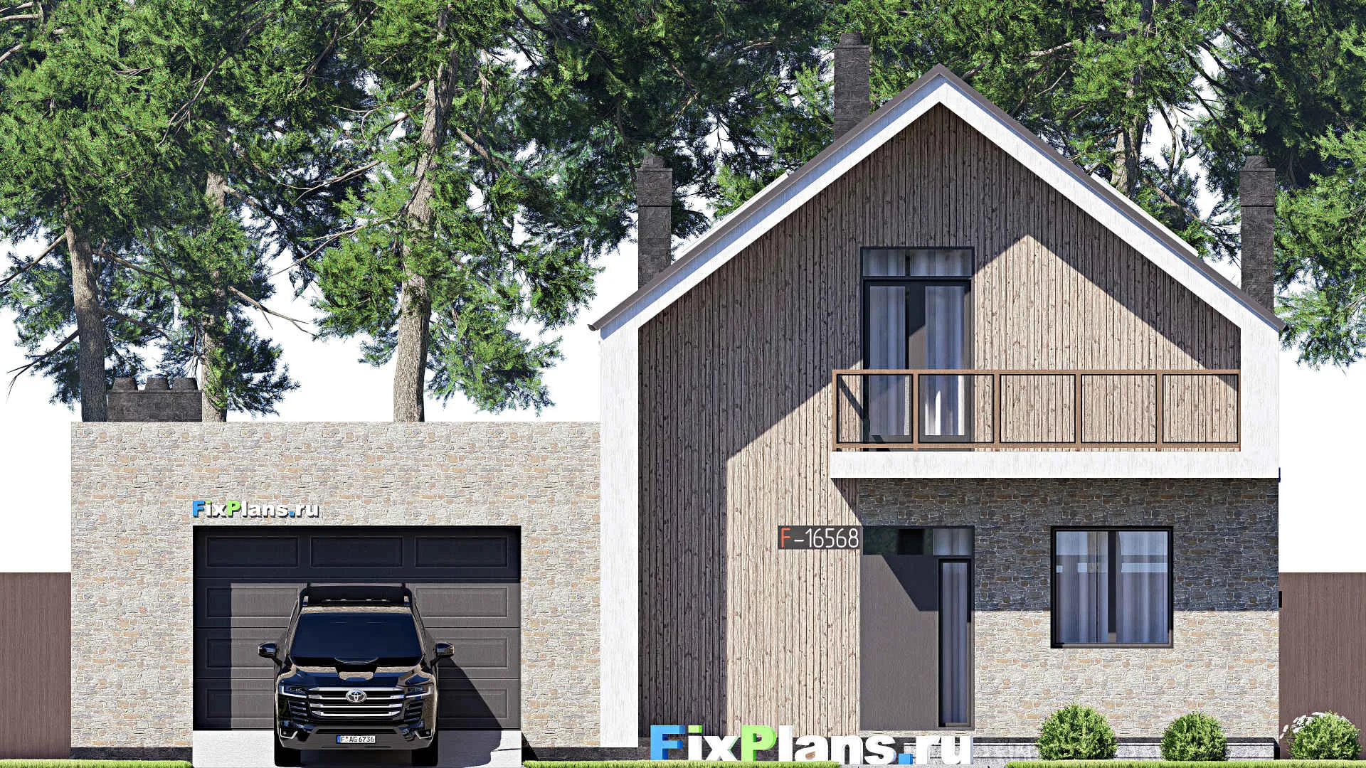 F-16568 - Проект дома с мансардой 15 на 18, площадью 270 м² с террасой, балконом, гаражом на 2 машины и 3 спальнями