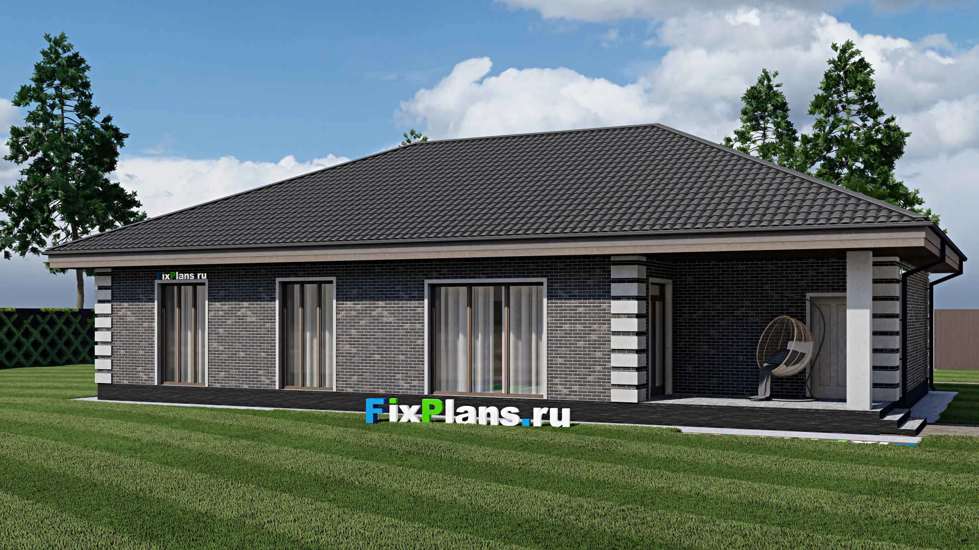 F-1844 - Проект одноэтажного дома 12 на 19, площадью 180 м² с террасой, гаражом на 1 машину и 2 спальнями