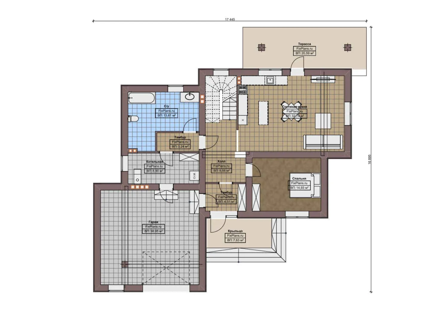 F-9989 - Планы двухэтажного дома 17 на 18, площадью 270 м² с террасой, балконом, гаражом на 2 машины и 3 спальнями