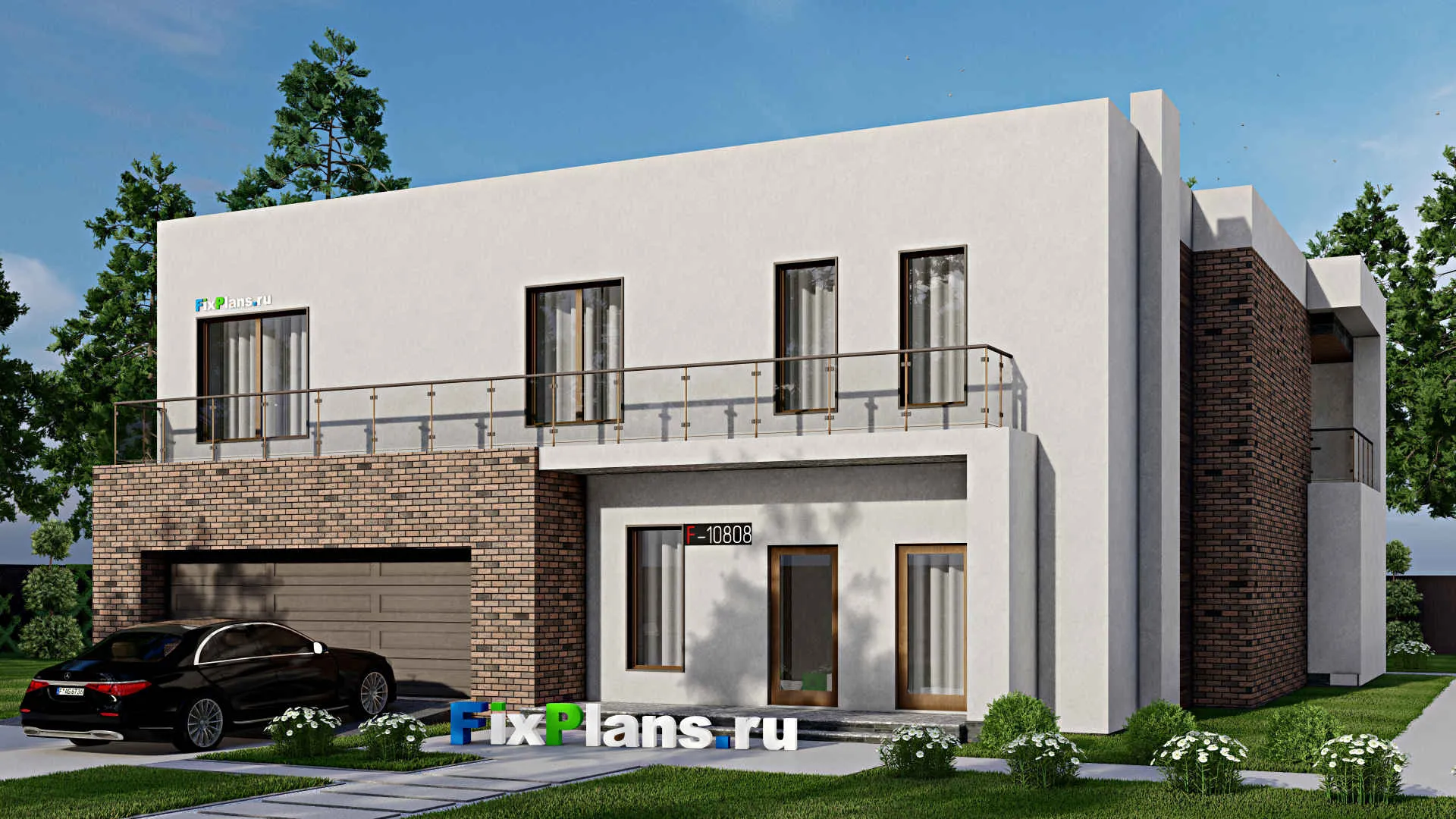 F-10808 - Проект двухэтажного дома 18 на 18, площадью 330 м² с террасой, балконом, гаражом на 2 машины и 3 спальнями