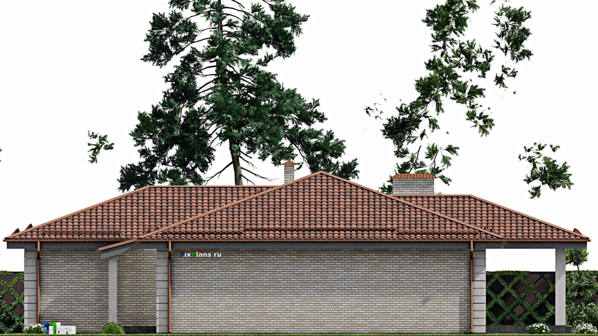 F-9863 - План одноэтажного дома 19 на 21, площадью 270 м² с террасой, цокольным этажом, баней, гаражом на 2 машины и 3 спальнями