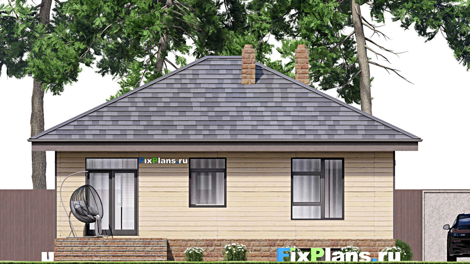 F-16775 - Проект одноэтажного дома 11 на 16, площадью 210 м² с террасой, цокольным этажом и 2 спальнями