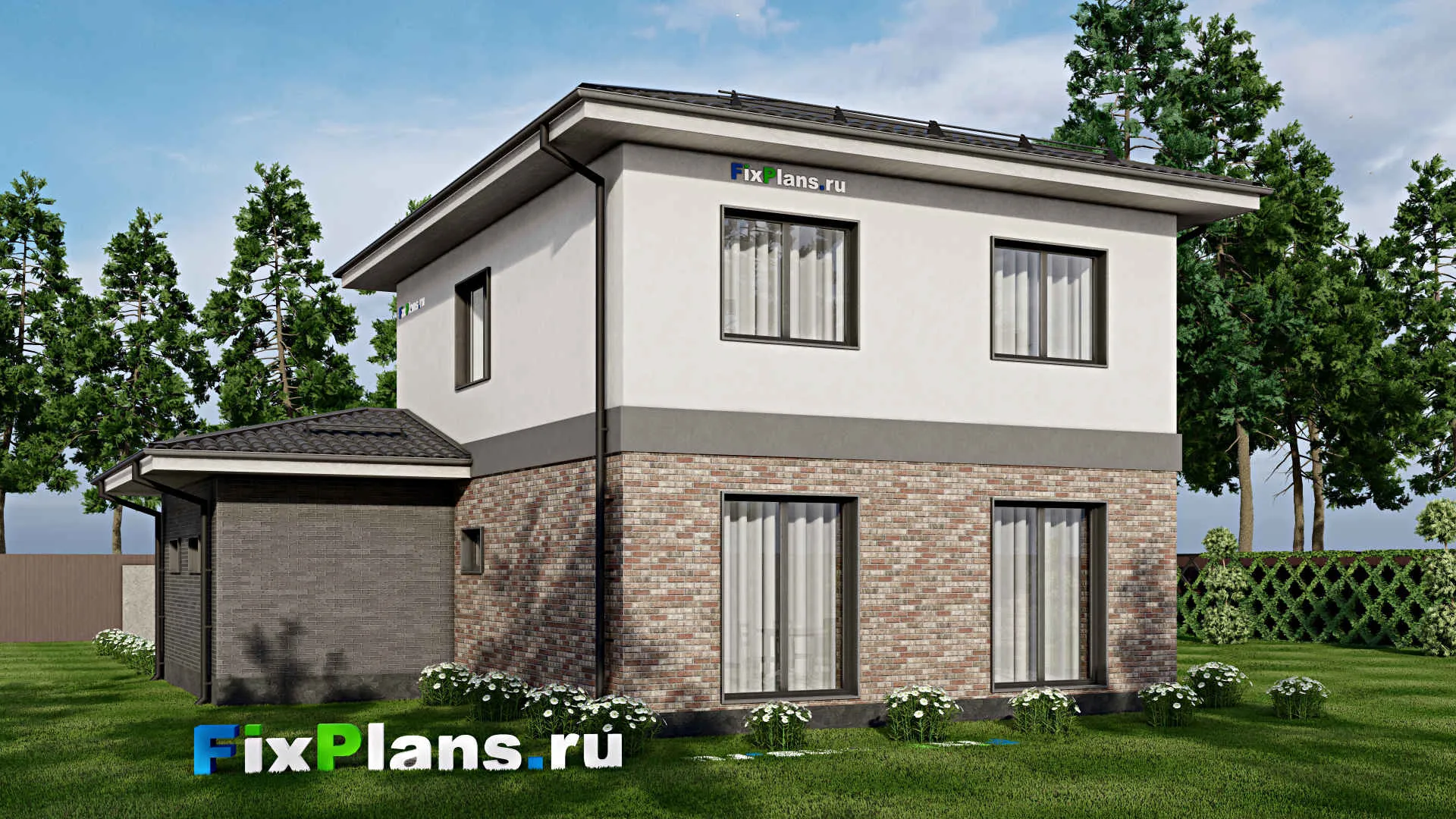 F-1961 - Проект двухэтажного дома 12 на 13, площадью 140 м² с гаражом на 1 машину и 2 спальнями