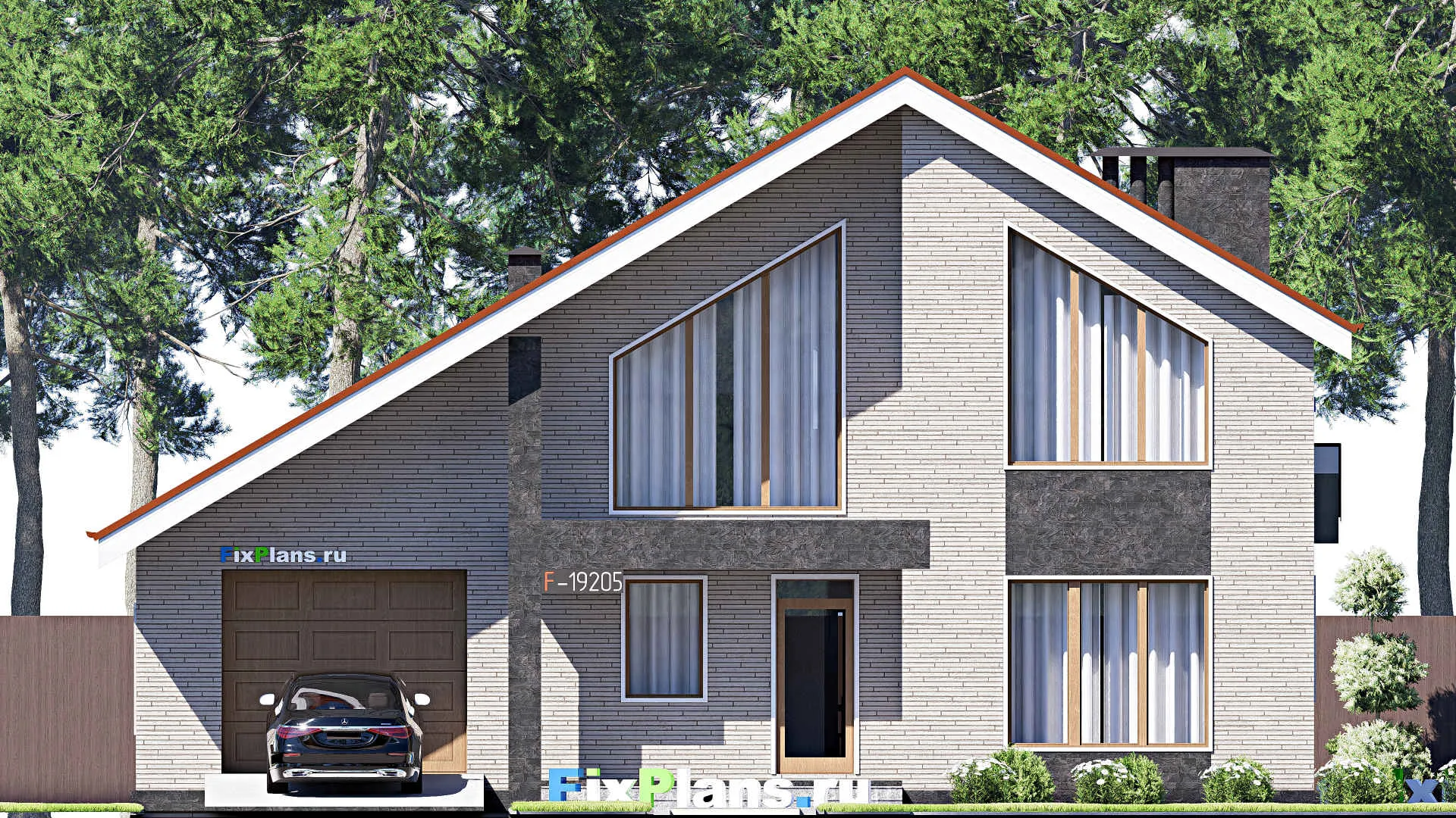 F-19205 - Проект дома с мансардой 15 на 16, площадью 260 м² с террасой, балконом, гаражом на 1 машину и 5 спальнями