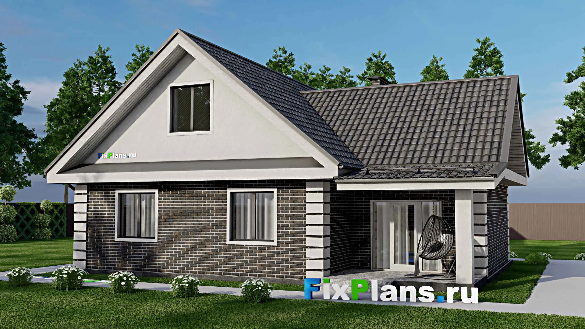 F-6470 - План одноэтажного дома 11 на 13, площадью 110 м² с террасой и 3 спальнями