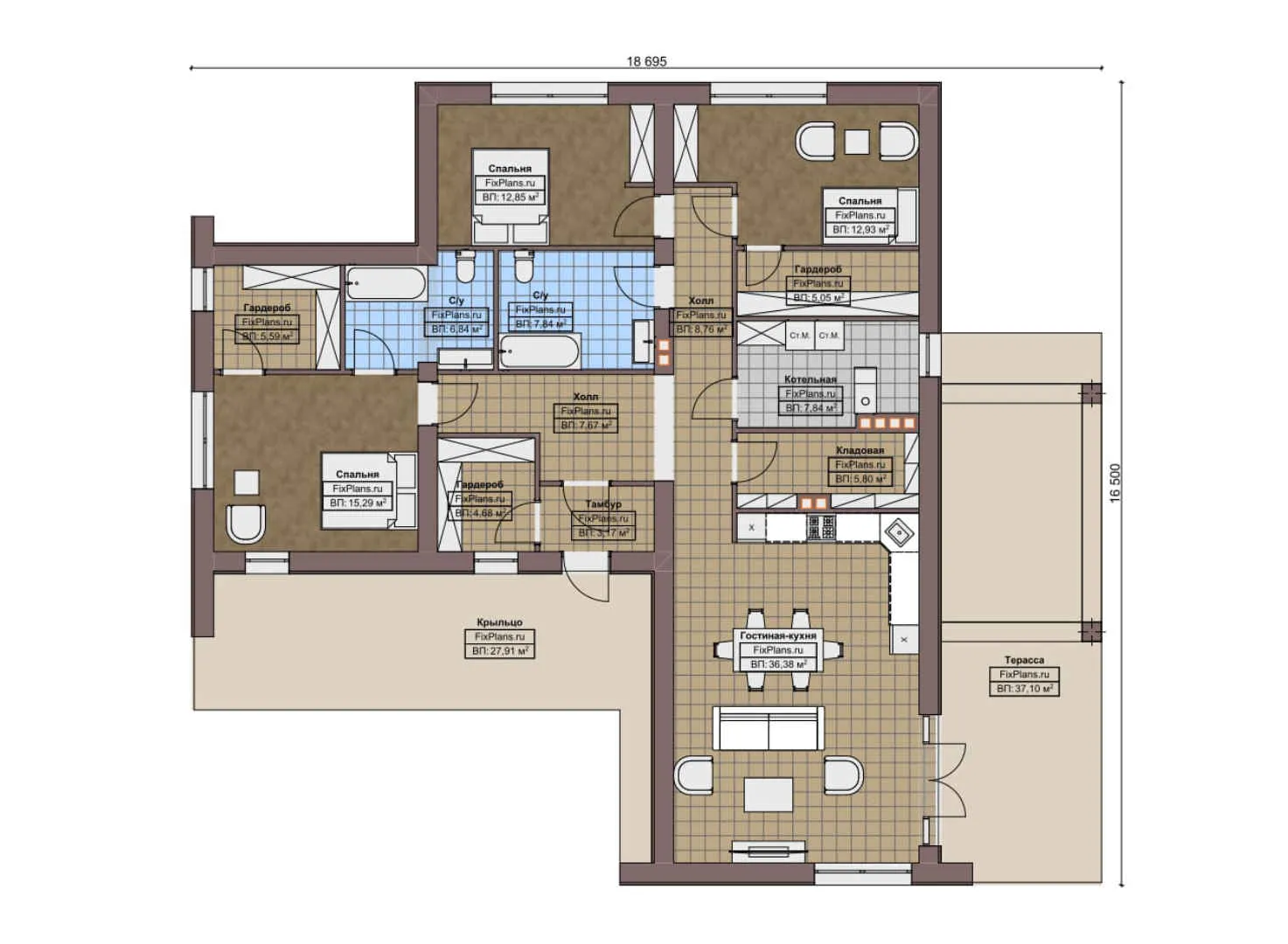 F-3536 - План одноэтажного дома 17 на 17, площадью 210 м² с террасой и 3 спальнями