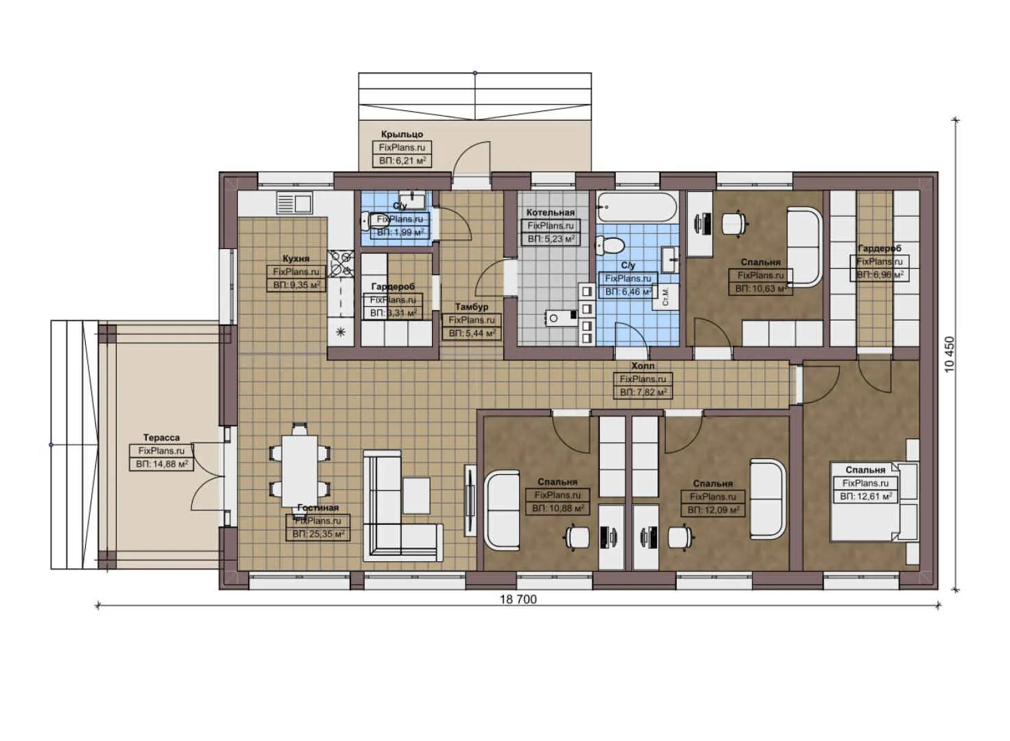 F-8837 - План одноэтажного дома 11 на 19, площадью 140 м² с террасой и 4 спальнями