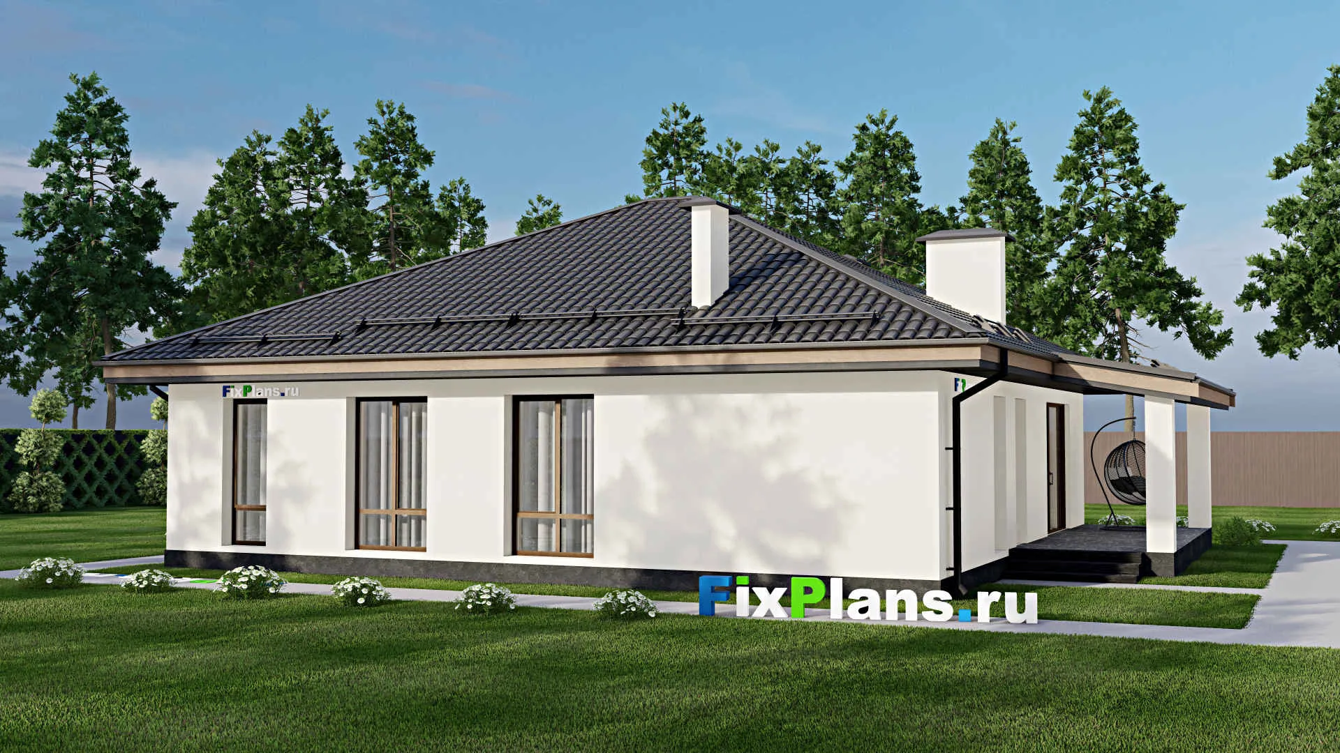 F-5300 - План одноэтажного дома 12 на 13, площадью 150 м² с террасой и 2 спальнями