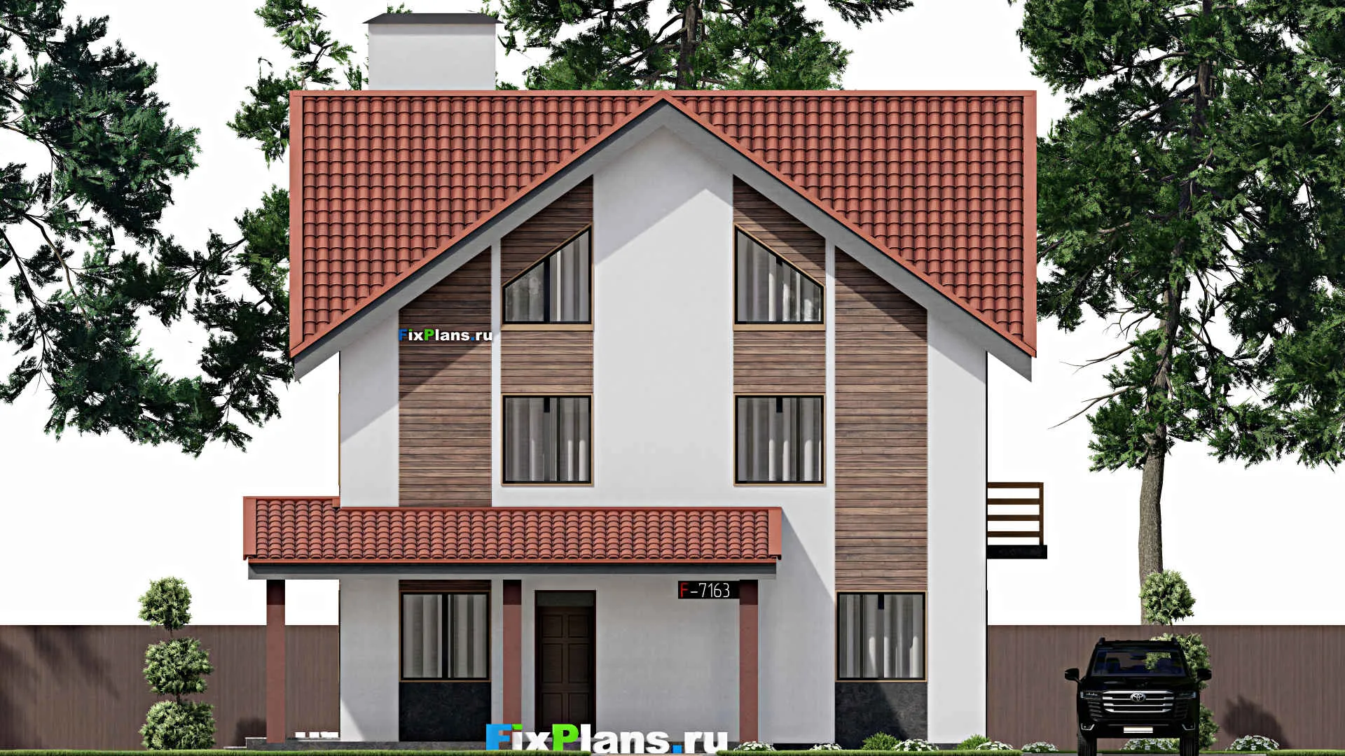 F-7163 - Проект двухэтажного дома с мансардой 12 на 14, площадью 280 м² с террасой, балконом и 4 спальнями