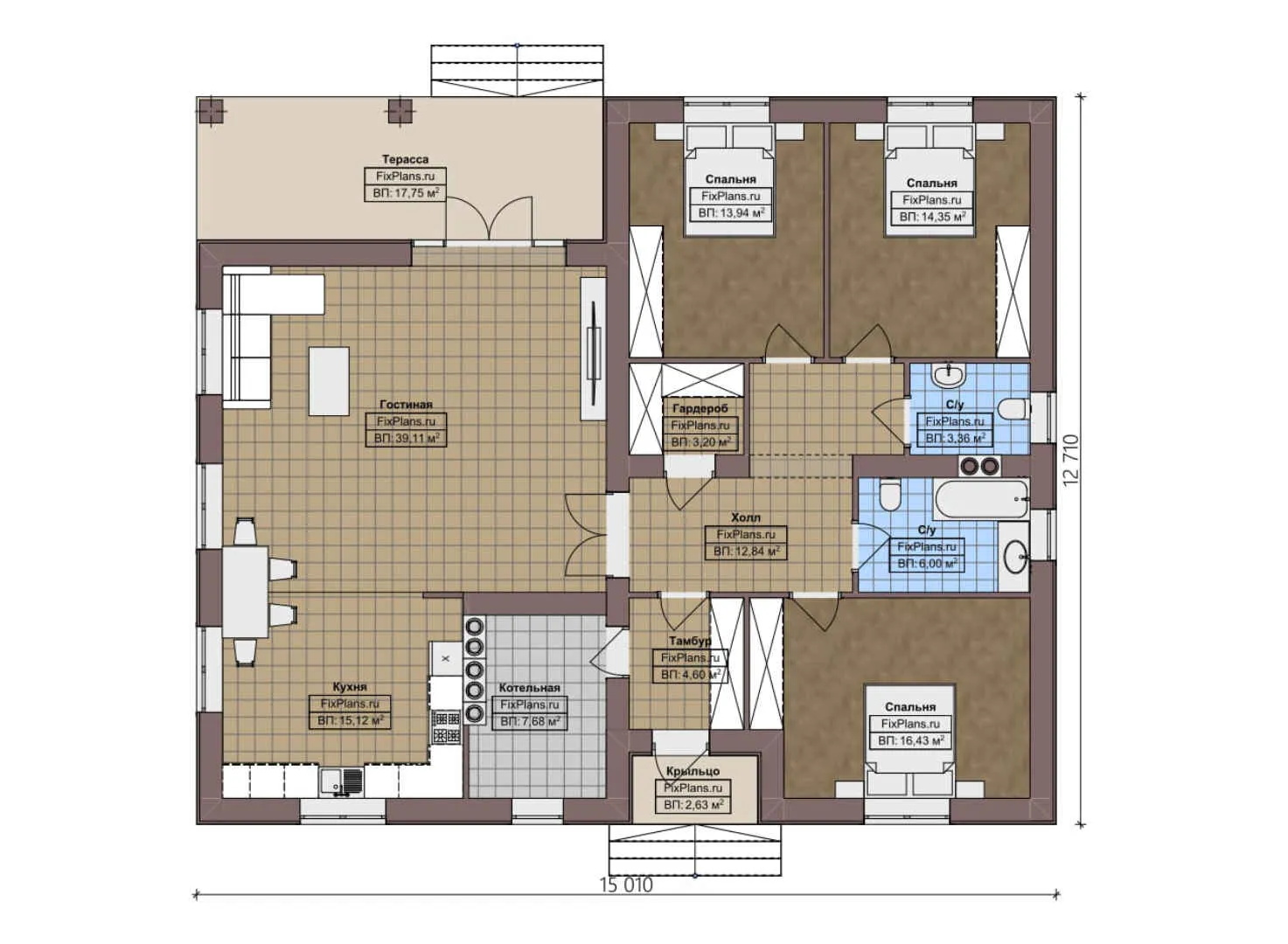 F-3392 - План одноэтажного дома 13 на 16, площадью 160 м² с террасой и 3 спальнями