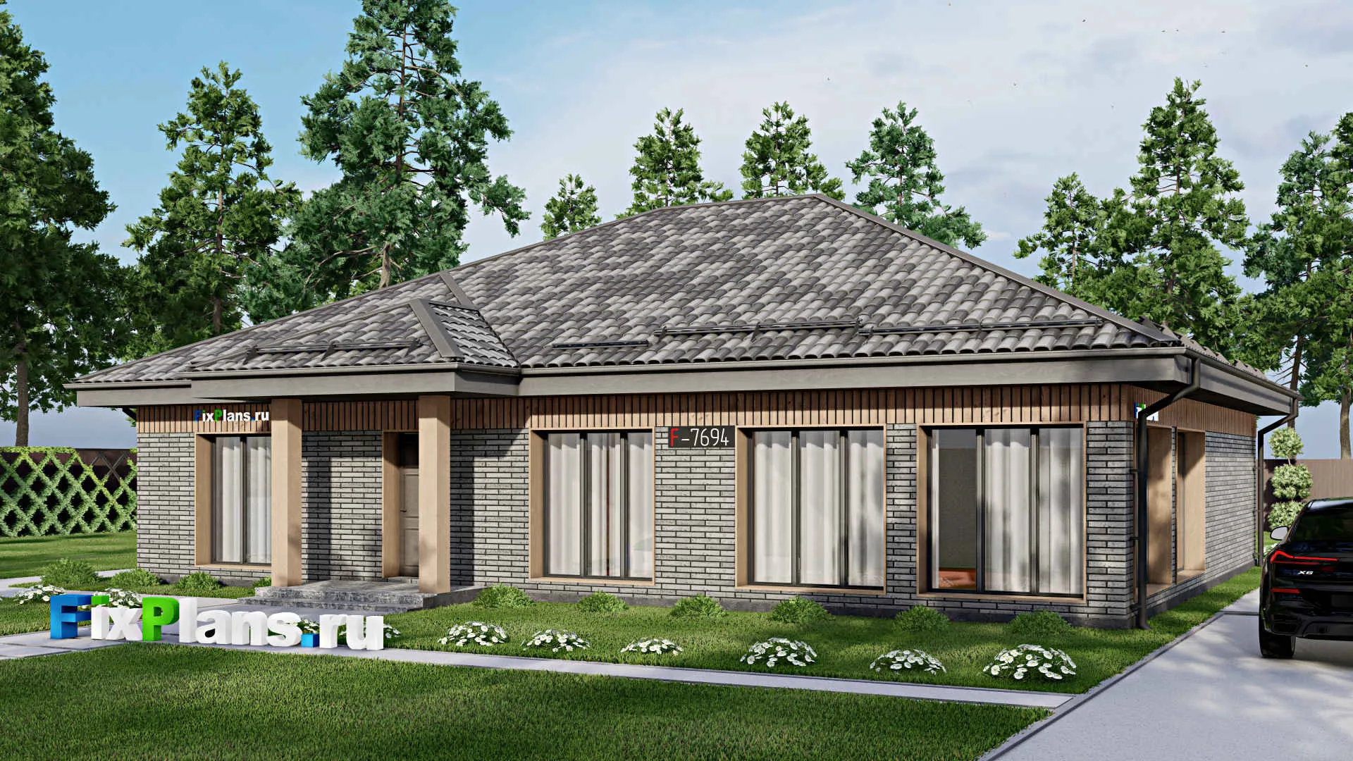 F-7694 - Проект одноэтажного дома 15 на 16, площадью 170 м² с террасой, баней и 3 спальнями