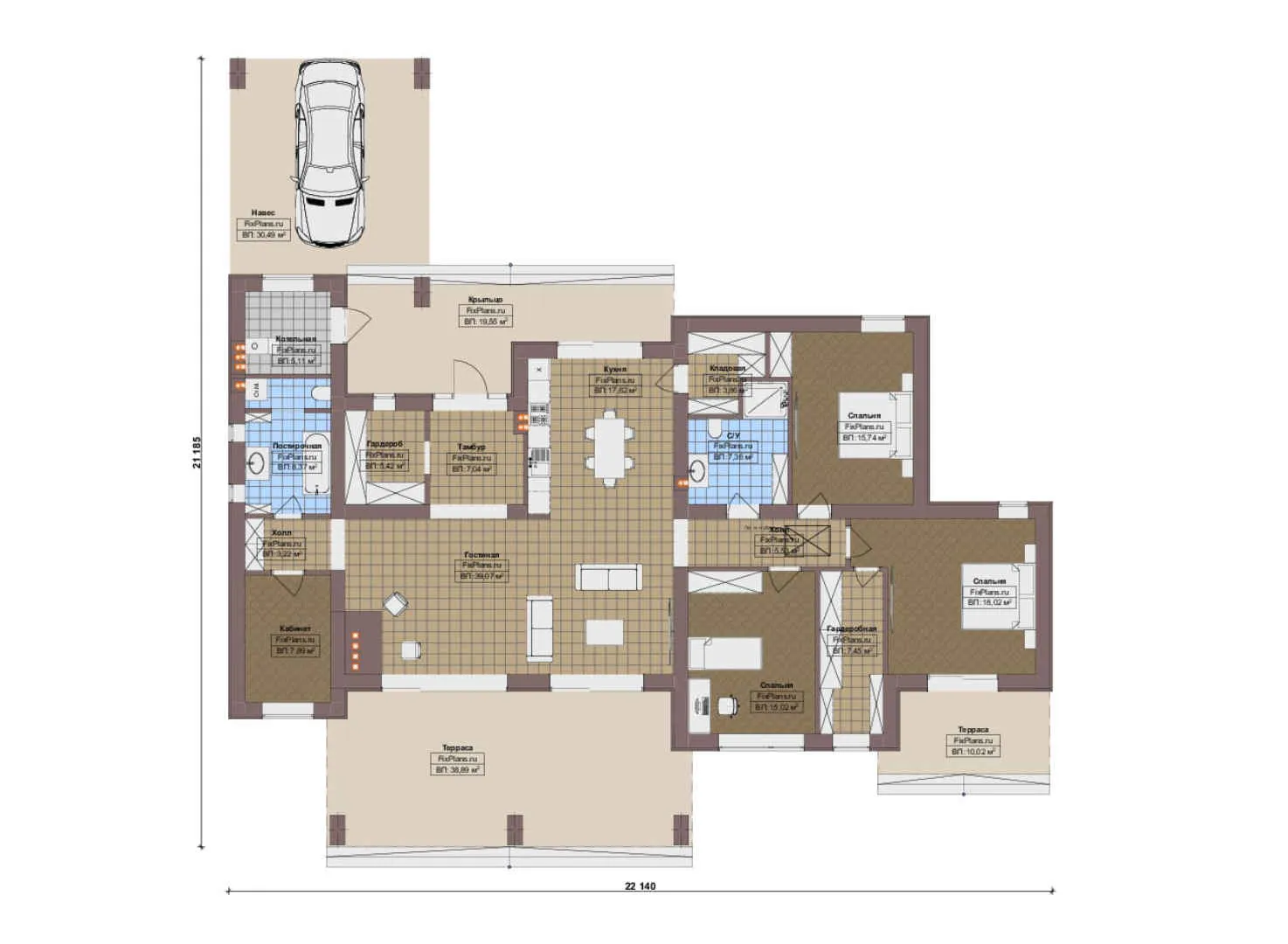 F-18863 - План одноэтажного дома 22 на 23, площадью 270 м² с террасой и 3 спальнями