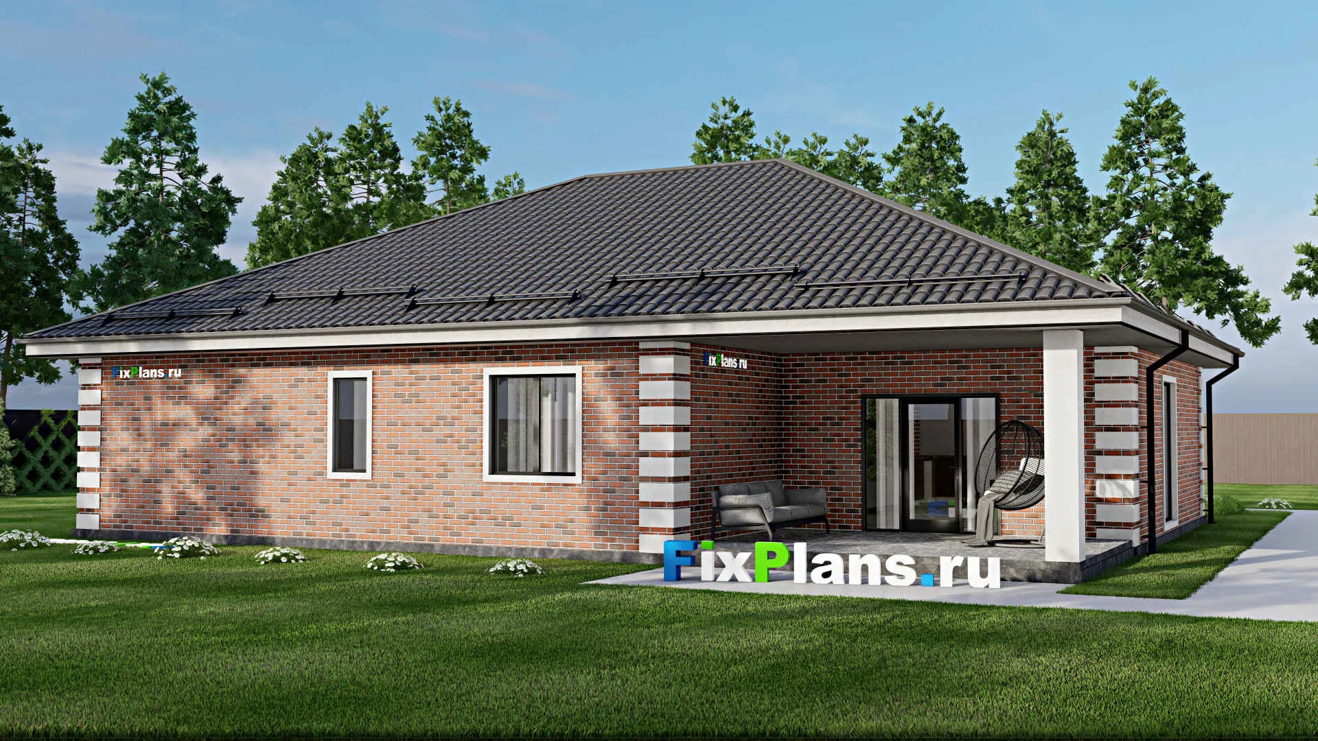 F-3365 - Проект одноэтажного дома 17 на 20, площадью 230 м² с террасой, гаражом на 2 машины и 3 спальнями