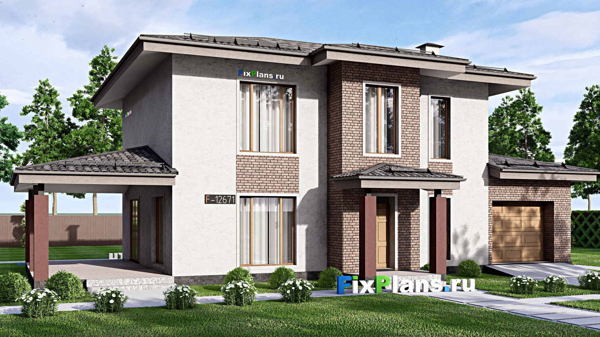 F-12671 - Проект двухэтажного дома 13 на 20, площадью 240 м² с террасой, гаражом на 1 машину и 4 спальнями