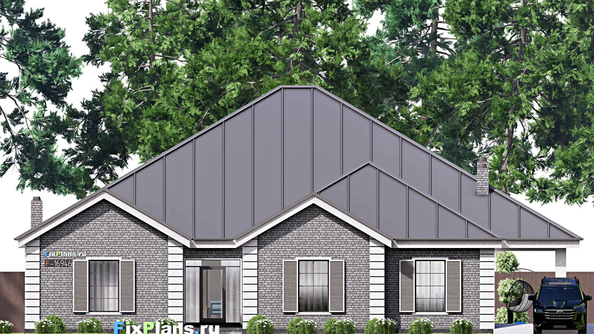 F-16946 - Проект одноэтажного дома 21 на 28, площадью 420 м² с террасой, гаражом на 2 машины и 3 спальнями