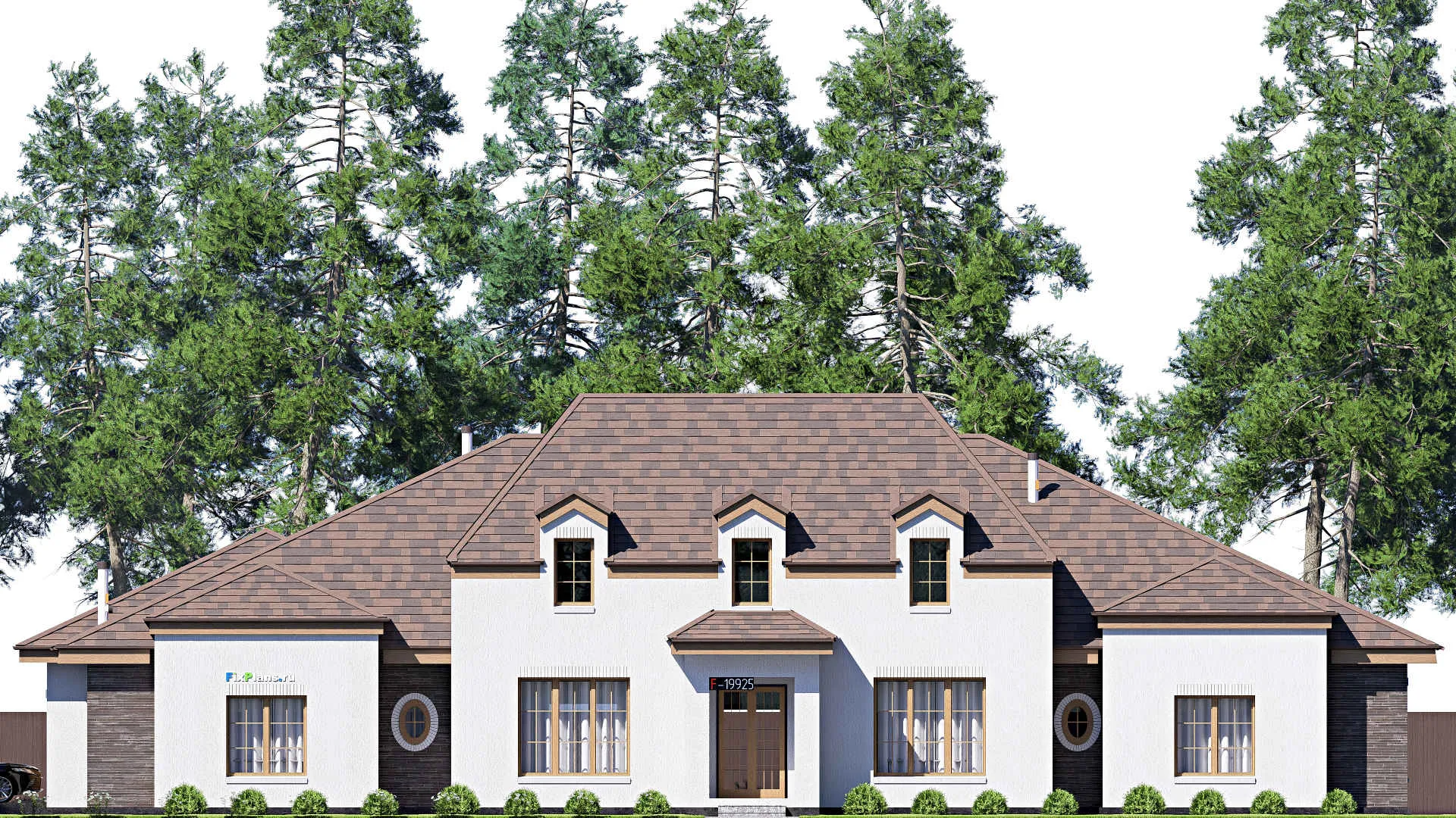 F-19925 - Проект одноэтажного дома 31 на 31, площадью 470 м² с террасой, гаражом на 2 машины и 4 спальнями